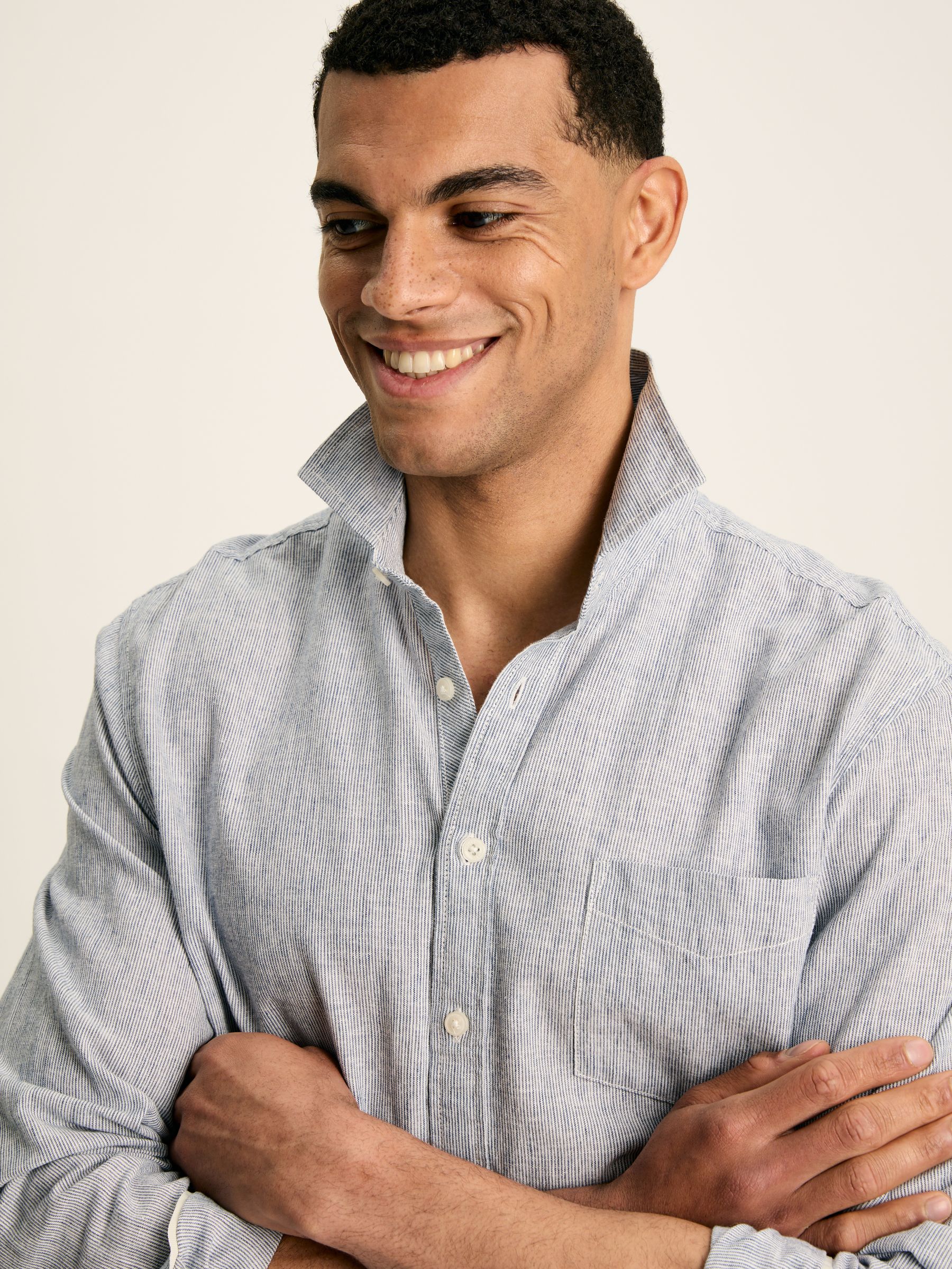 Linen Blend Blue Stripe Plain Long Sleeve Shirt - Image 3 of 7