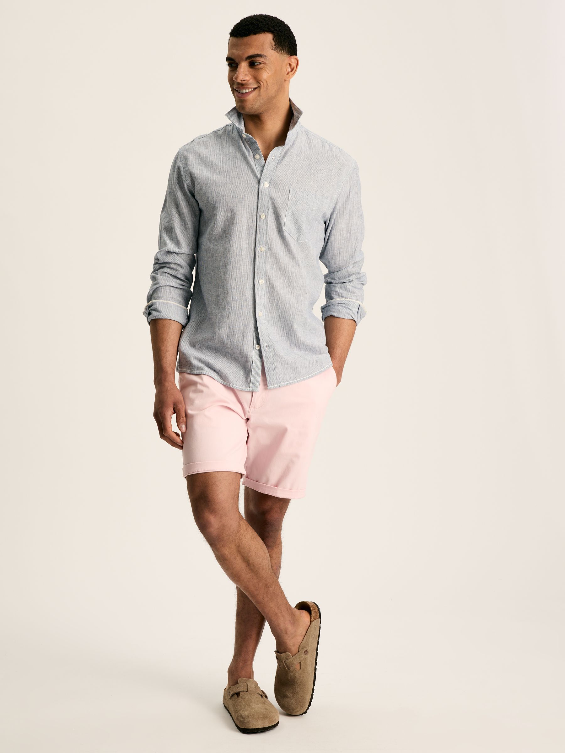 Linen Blend Blue Stripe Plain Long Sleeve Shirt - Image 5 of 7