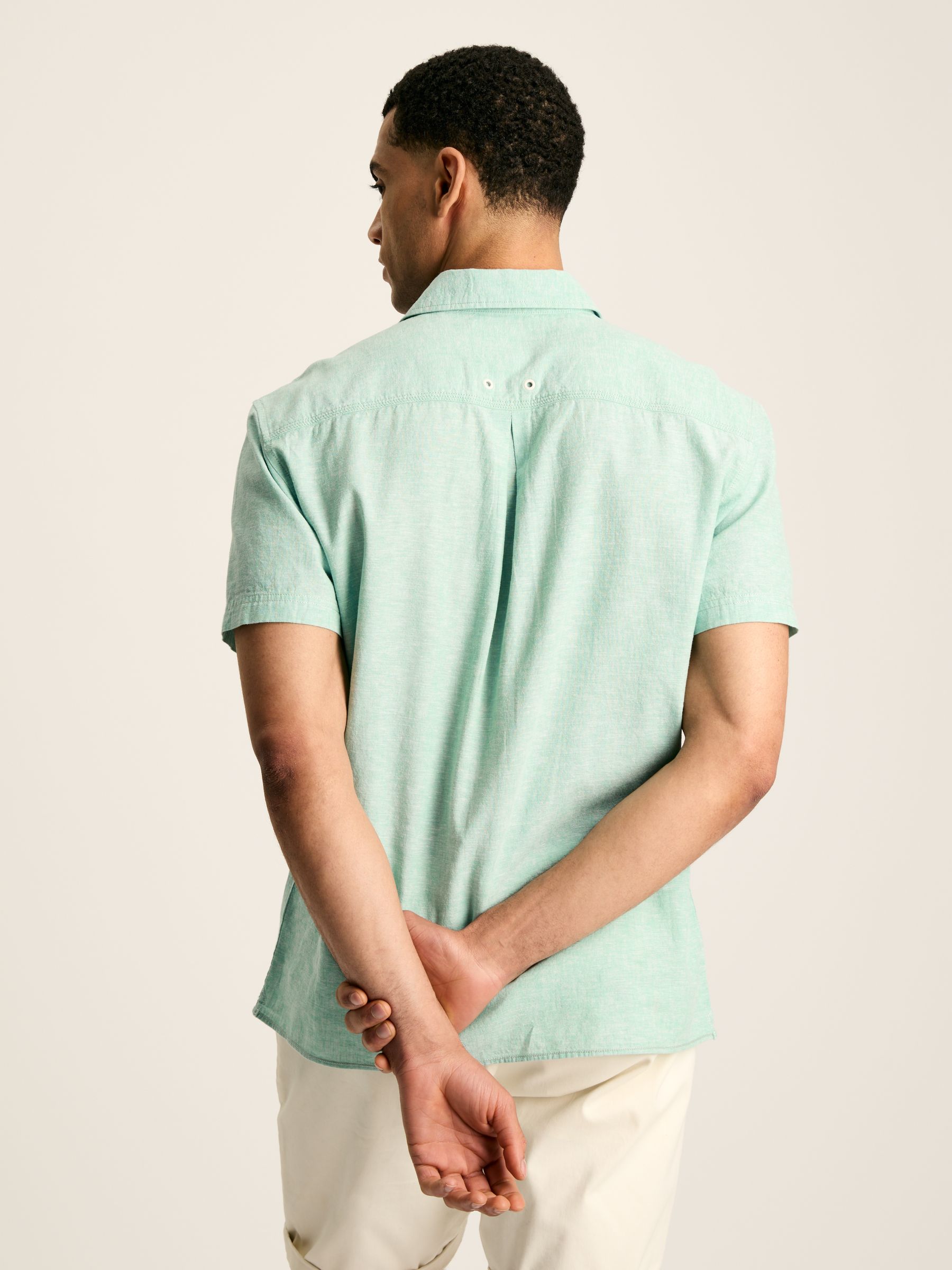 Linen Blend Green Plain Short Sleeve Shirt - Image 3 of 6