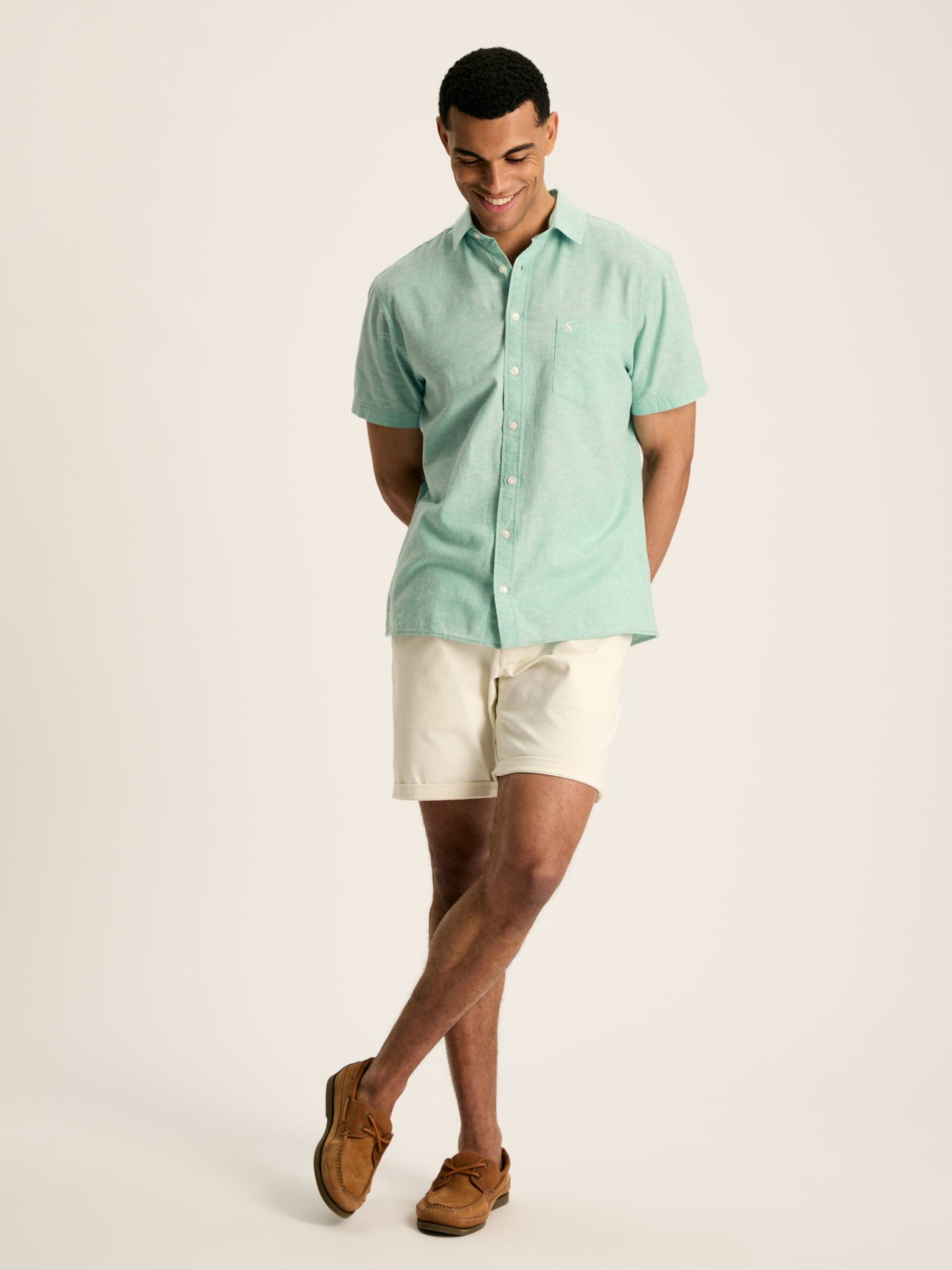 Linen Blend Green Plain Short Sleeve Shirt - Image 4 of 6