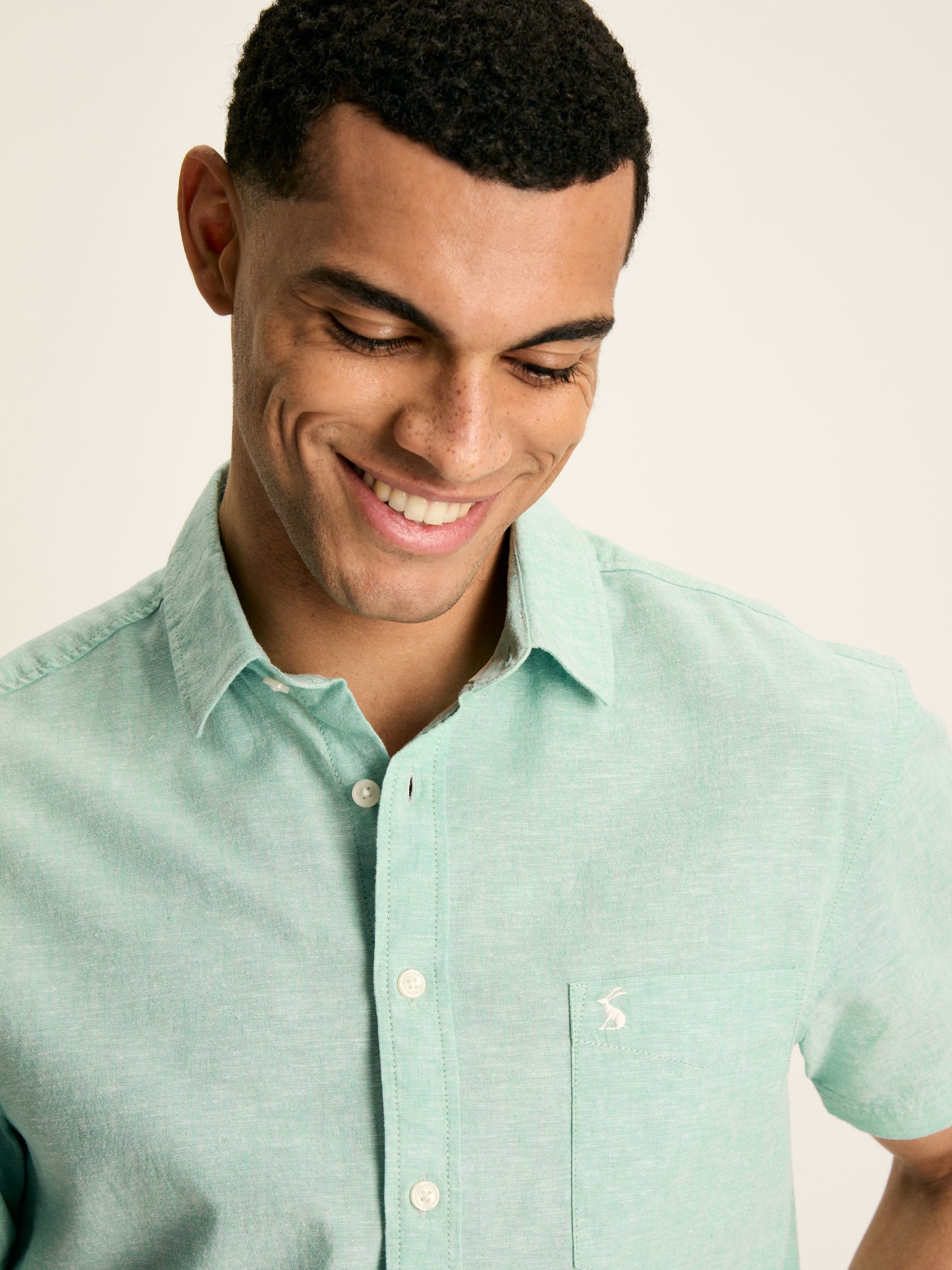 Linen Blend Green Plain Short Sleeve Shirt - Image 5 of 6