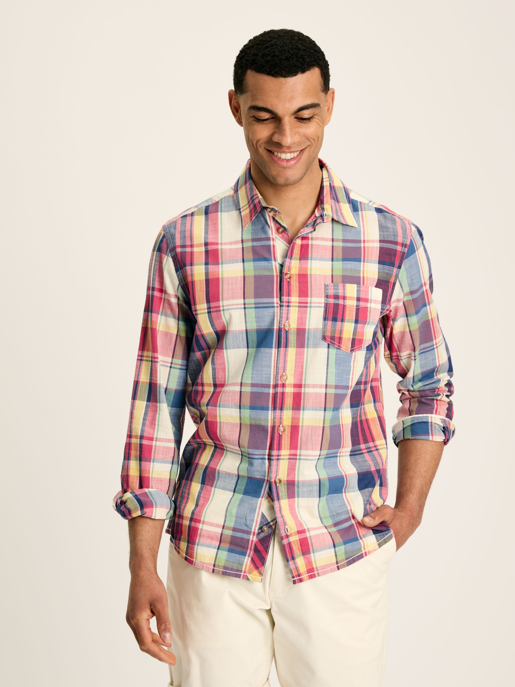 Madras Blue/Pink Long Sleeve Cotton Check Shirt - Image 1 of 8