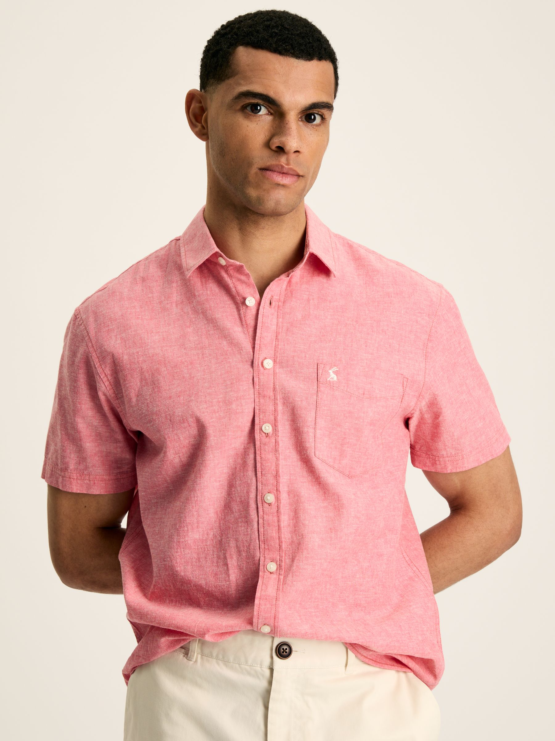 Linen Blend Pink Plain Short Sleeve Shirt - Image 1 of 7