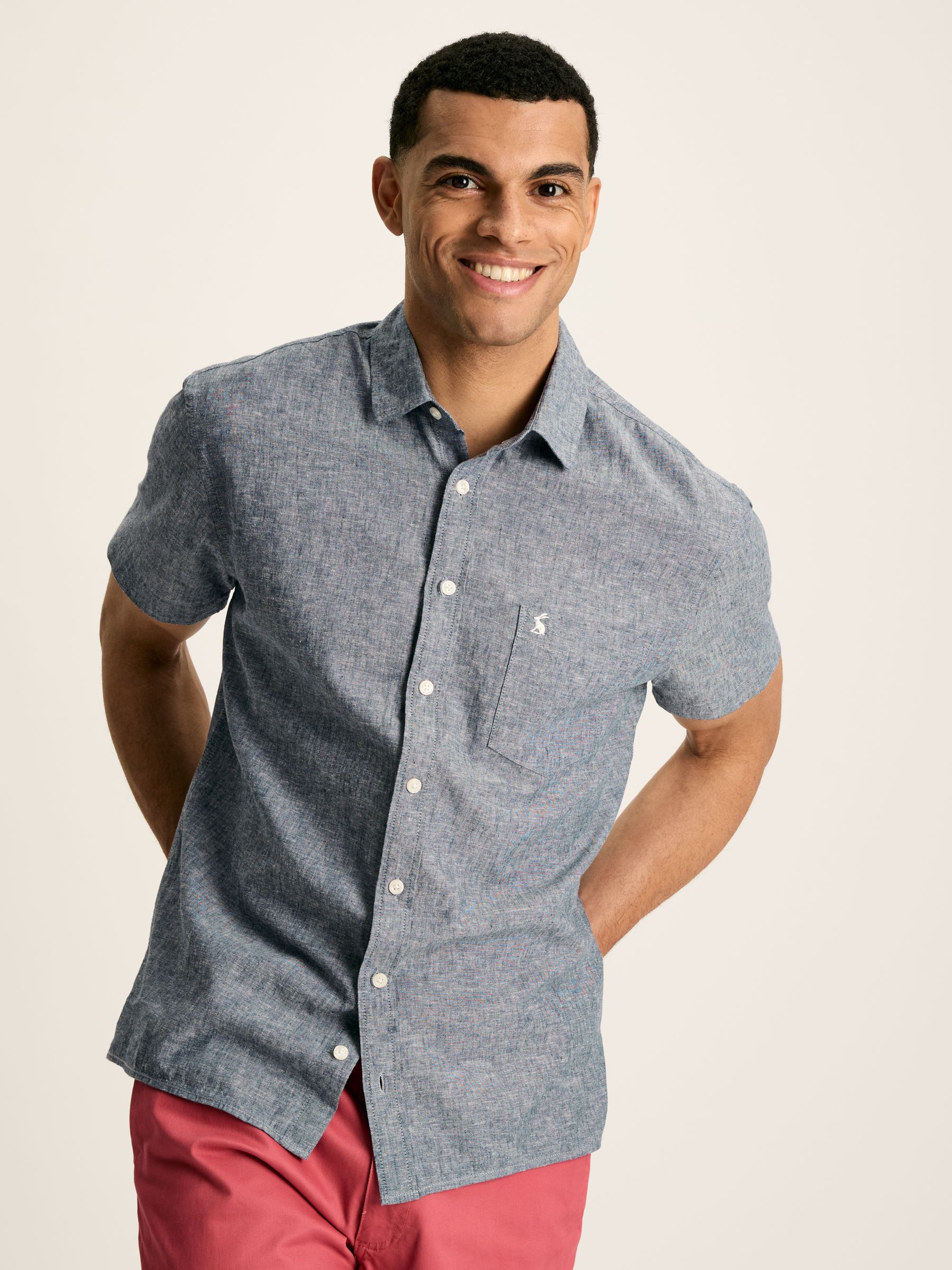 Linen Blend Blue Plain Short Sleeve Shirt - Image 1 of 7