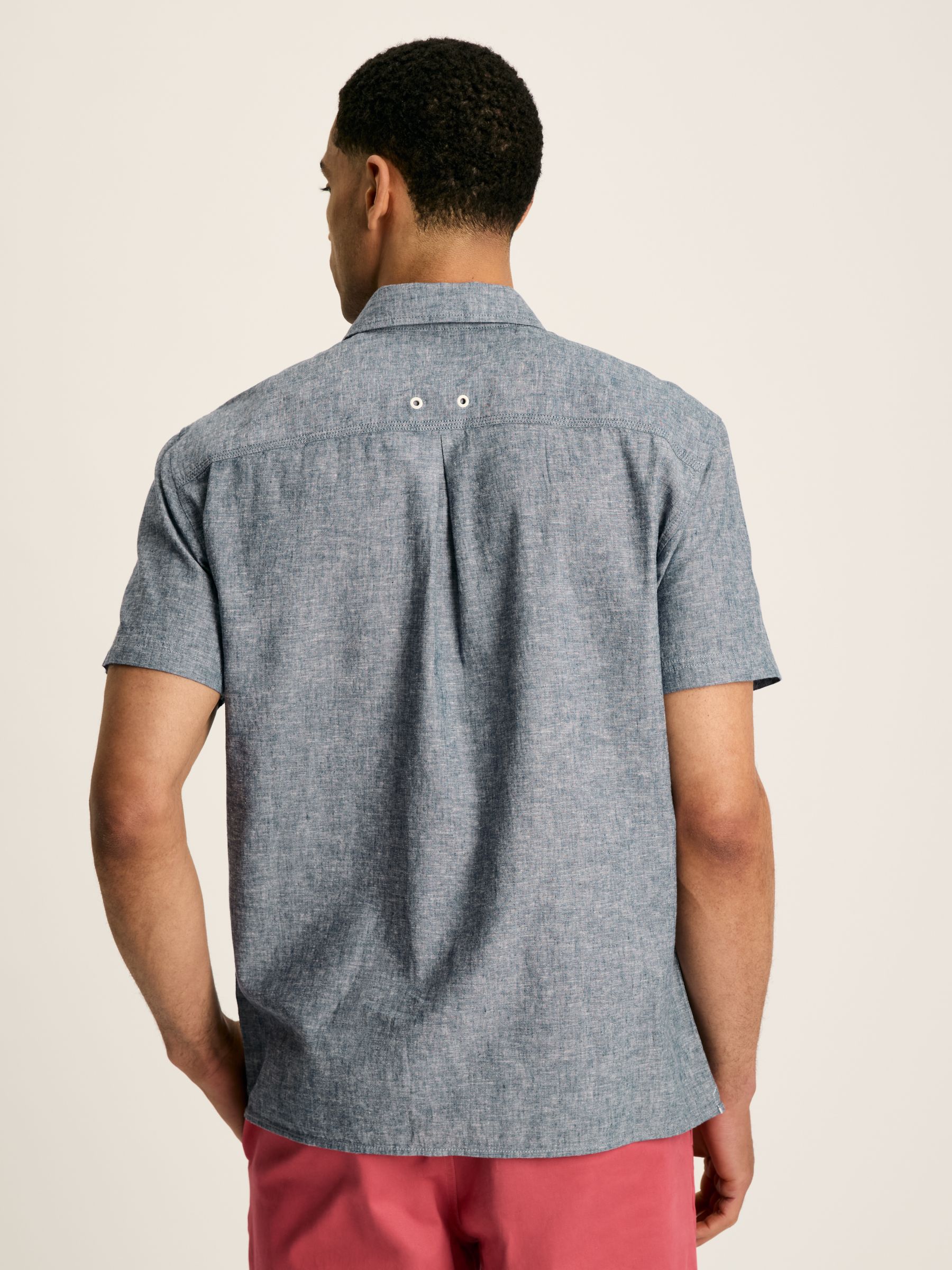 Linen Blend Blue Plain Short Sleeve Shirt - Image 3 of 7