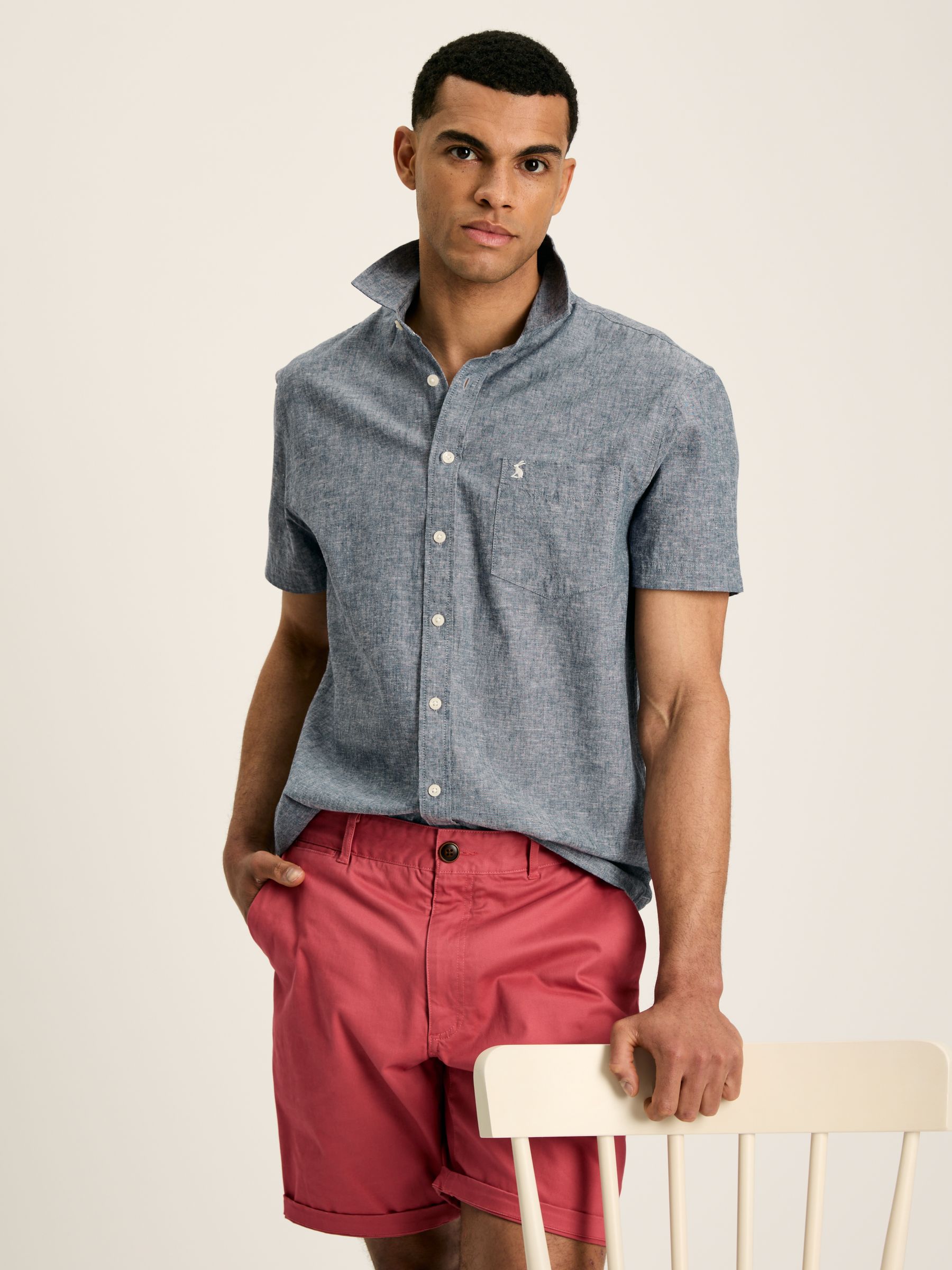 Linen Blend Blue Plain Short Sleeve Shirt - Image 4 of 7