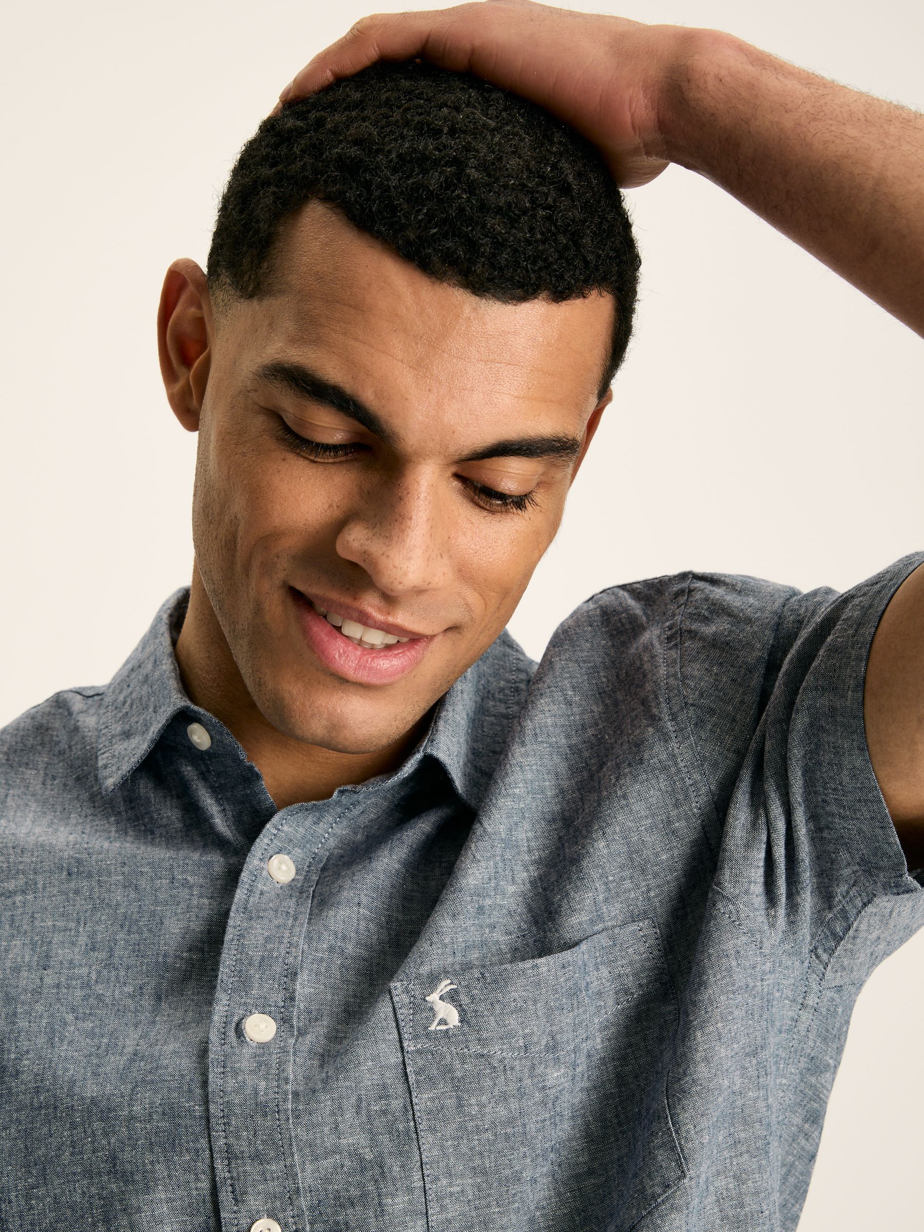 Linen Blend Blue Plain Short Sleeve Shirt - Image 5 of 7
