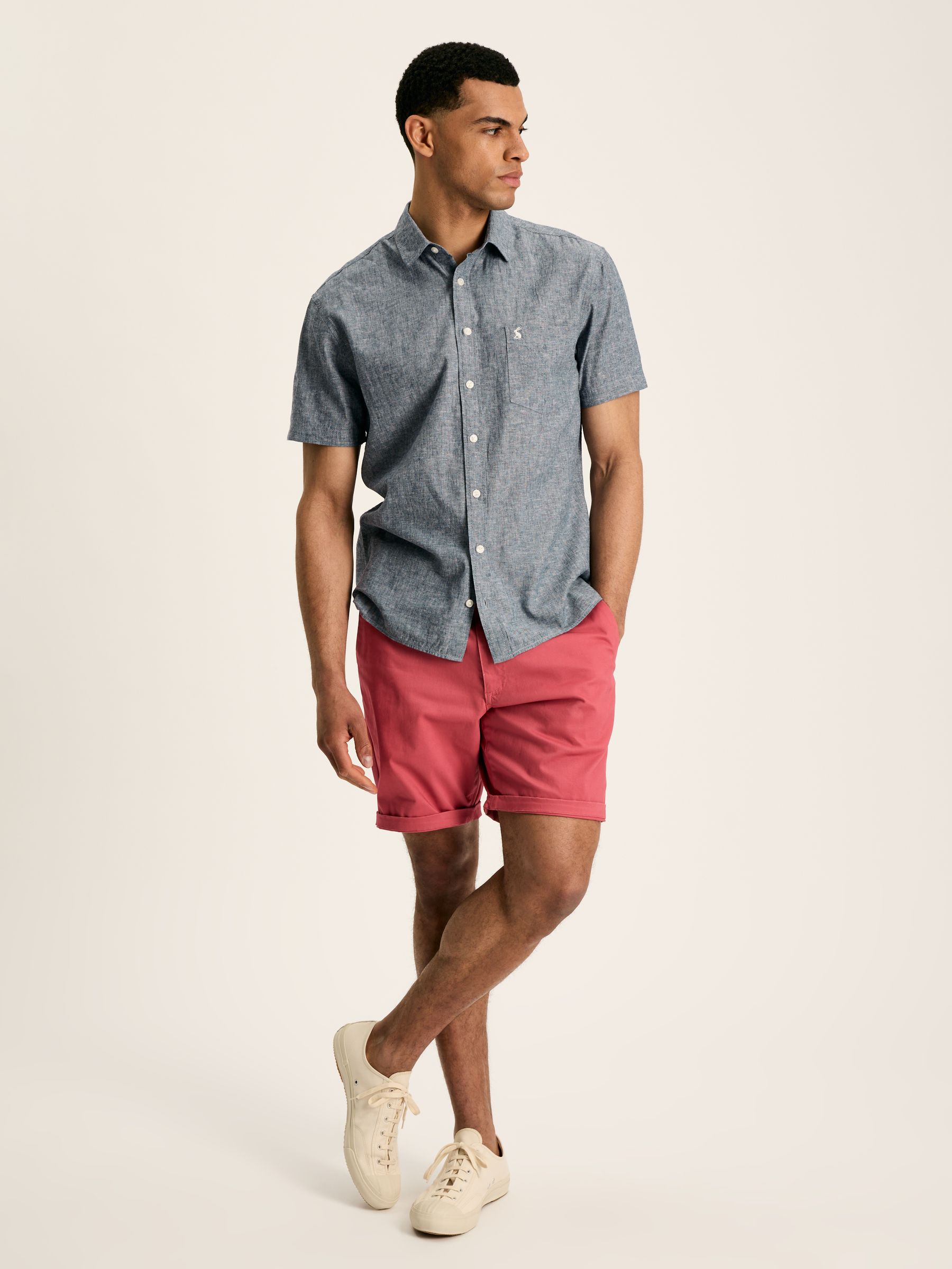 Linen Blend Blue Plain Short Sleeve Shirt - Image 6 of 7
