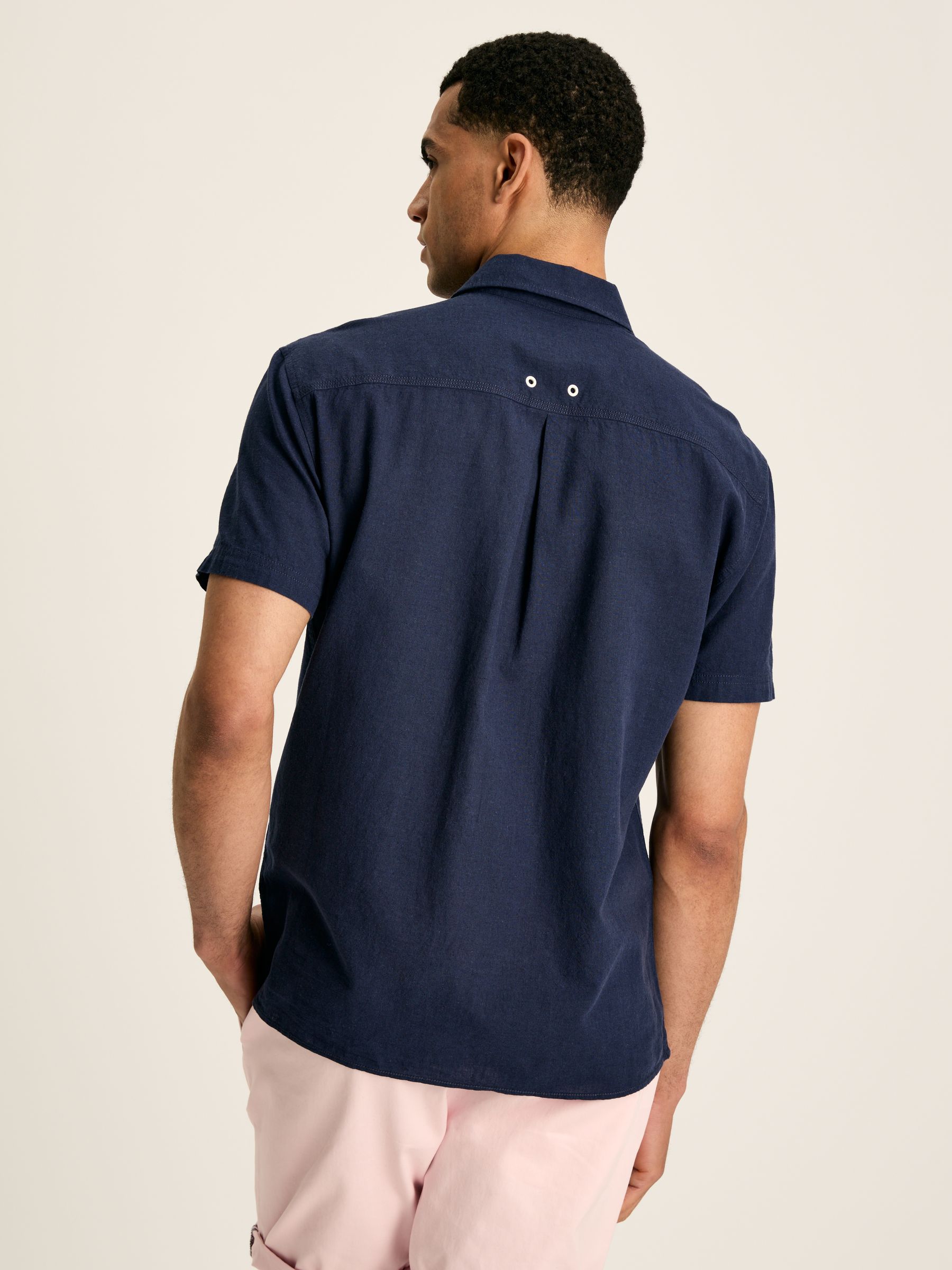 Linen Blend Navy Blue Plain Short Sleeve Shirt - Image 3 of 6