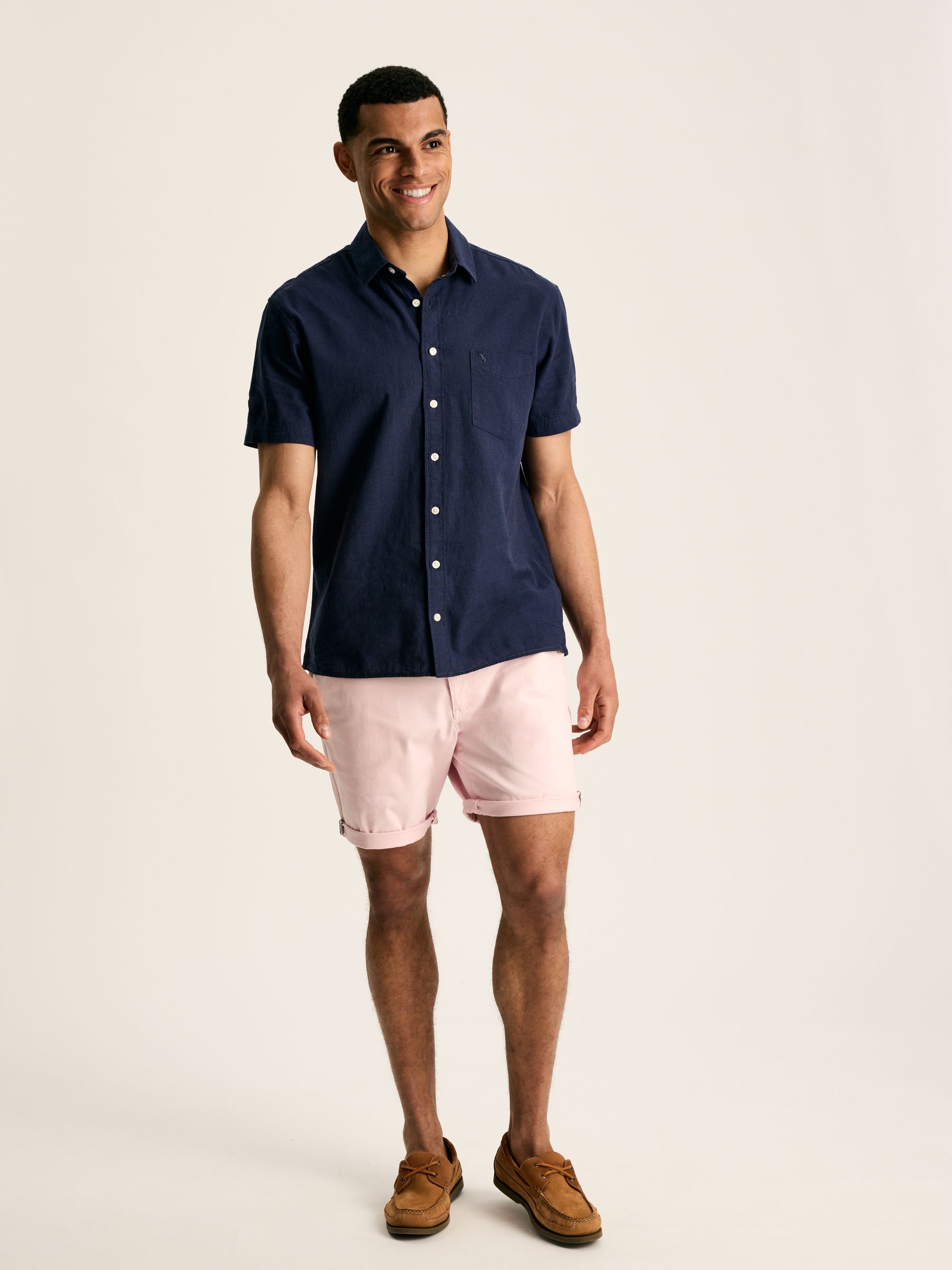 Linen Blend Navy Blue Plain Short Sleeve Shirt - Image 4 of 6
