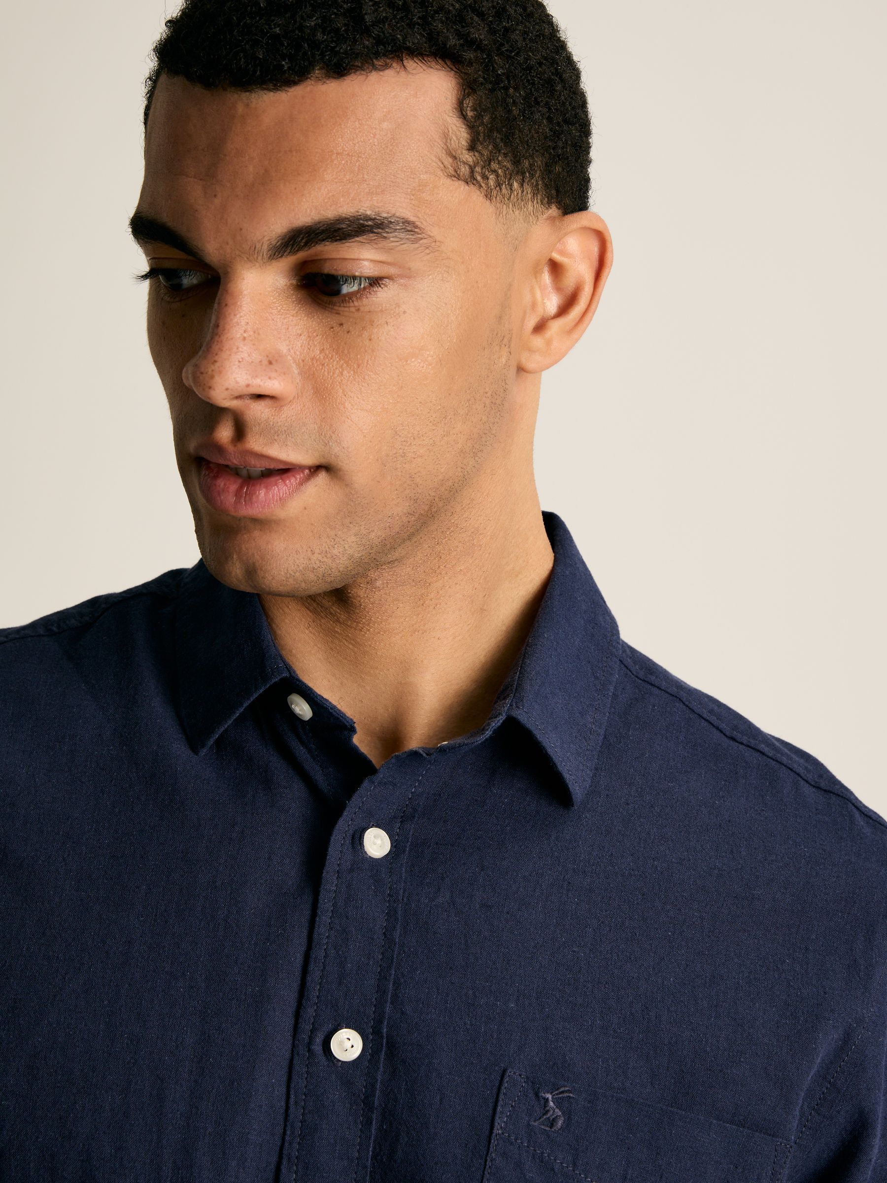 Linen Blend Navy Blue Plain Short Sleeve Shirt - Image 5 of 6