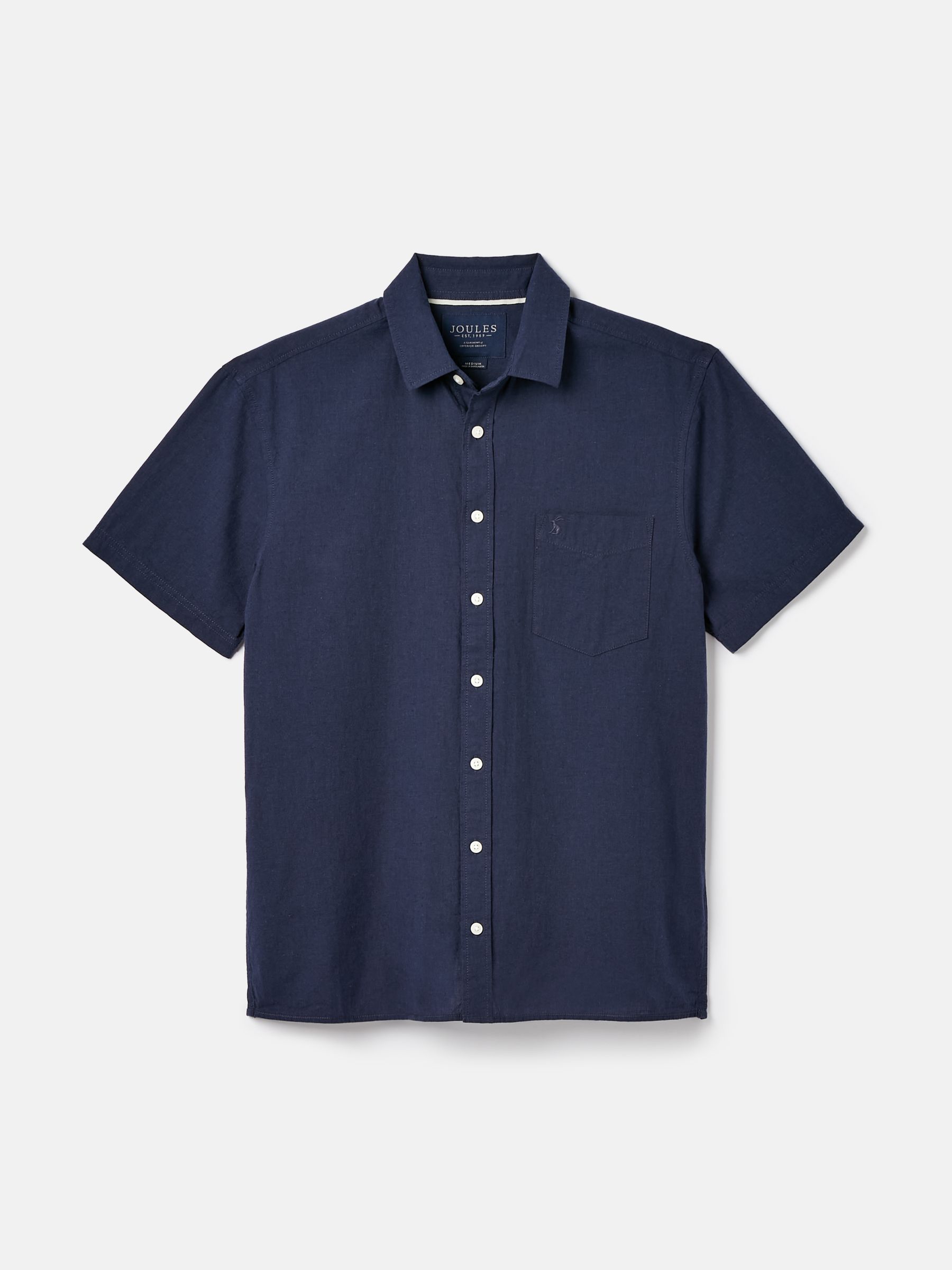 Linen Blend Navy Blue Plain Short Sleeve Shirt - Image 6 of 6
