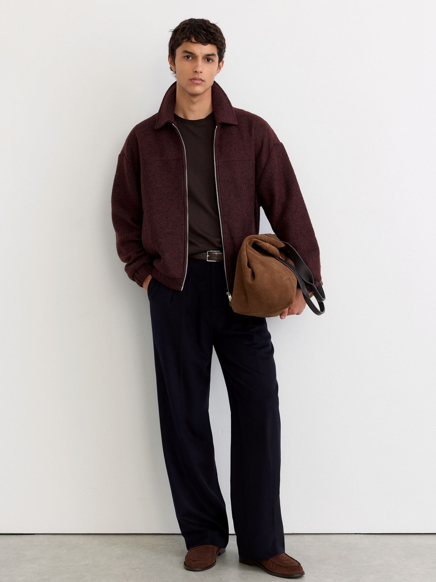 Textured Zip-Through Jacket with Wool in Bordeaux Multi - Image 3 of 8