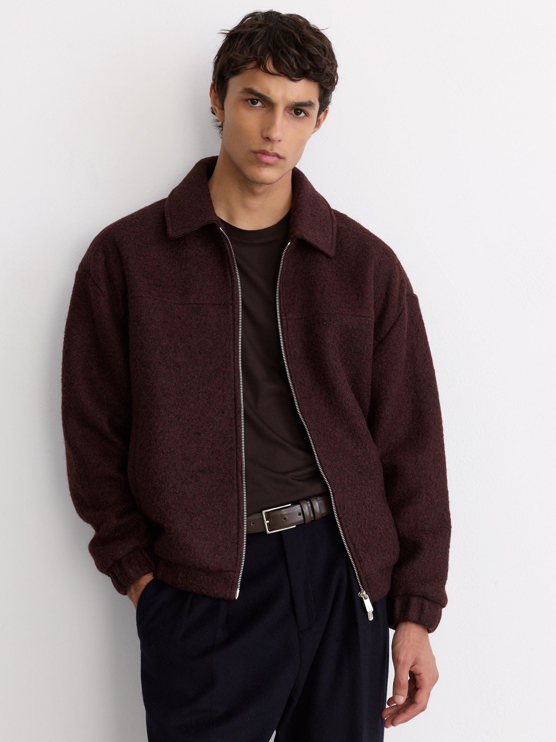 Textured Zip-Through Jacket with Wool in Bordeaux Multi - Image 4 of 8