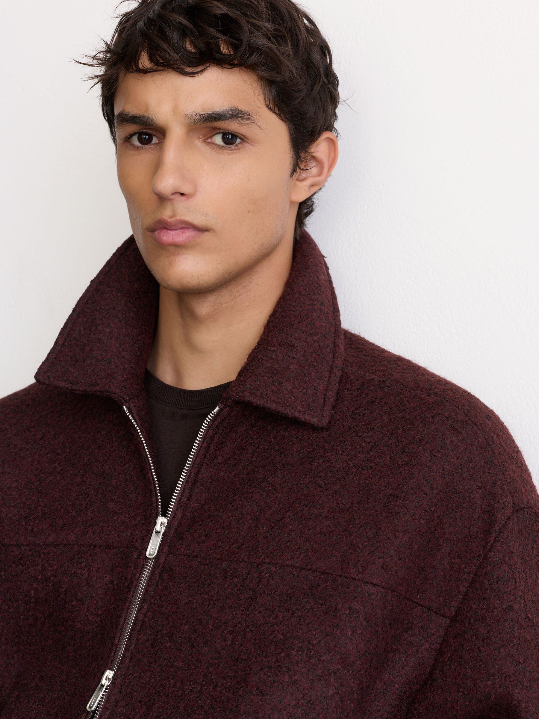 Textured Zip-Through Jacket with Wool in Bordeaux Multi - Image 7 of 8