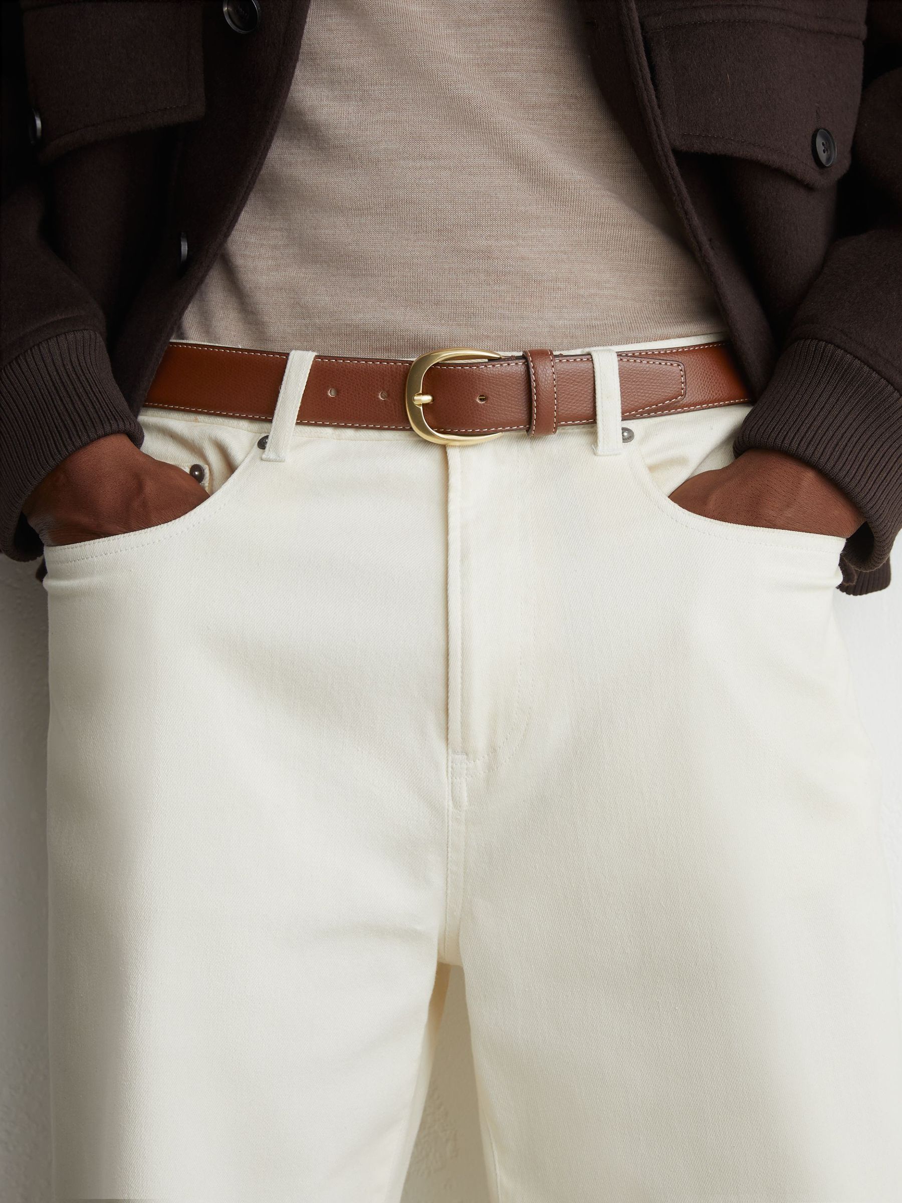 Pebbled-Leather Curved-Buckle Belt in Tan - Image 1 of 5 Pebbled-Leather Curved-Buckle Belt in Tan - Image 1 of 5