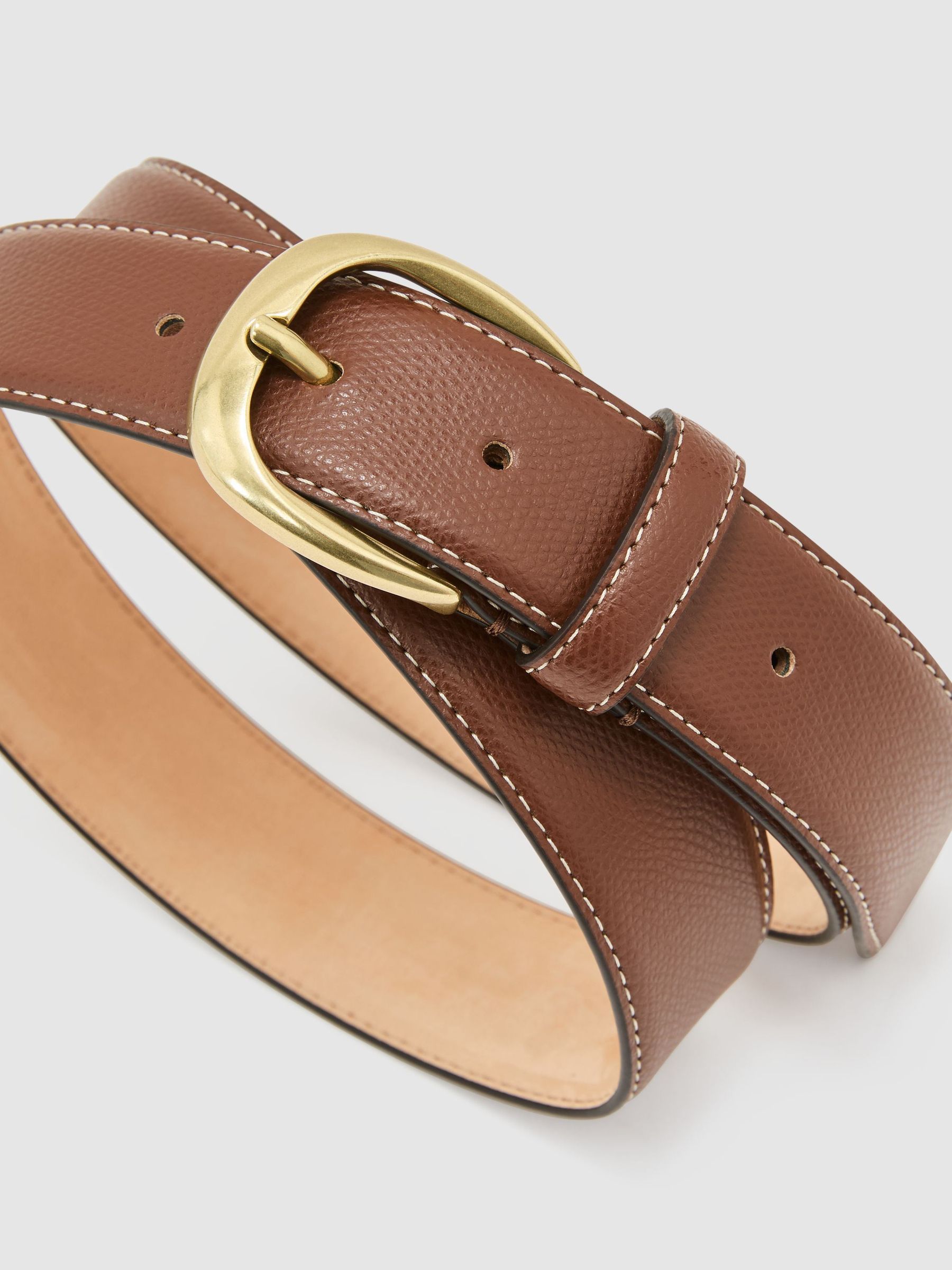 Pebbled-Leather Curved-Buckle Belt in Tan - Image 3 of 5