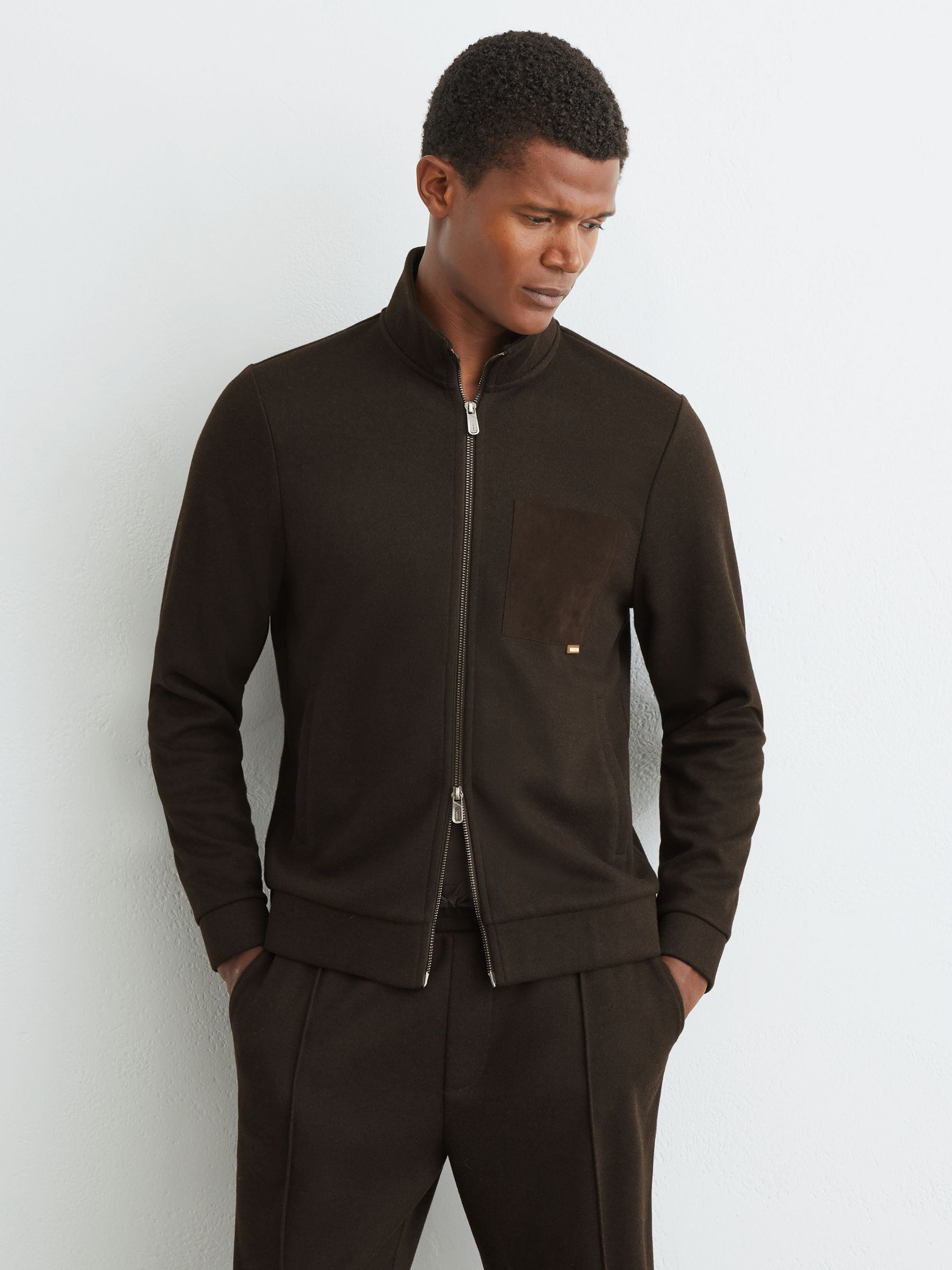 Herringbone Patch-Pocket Zip-Through Jacket in Dark Brown - صورة 1 من 6