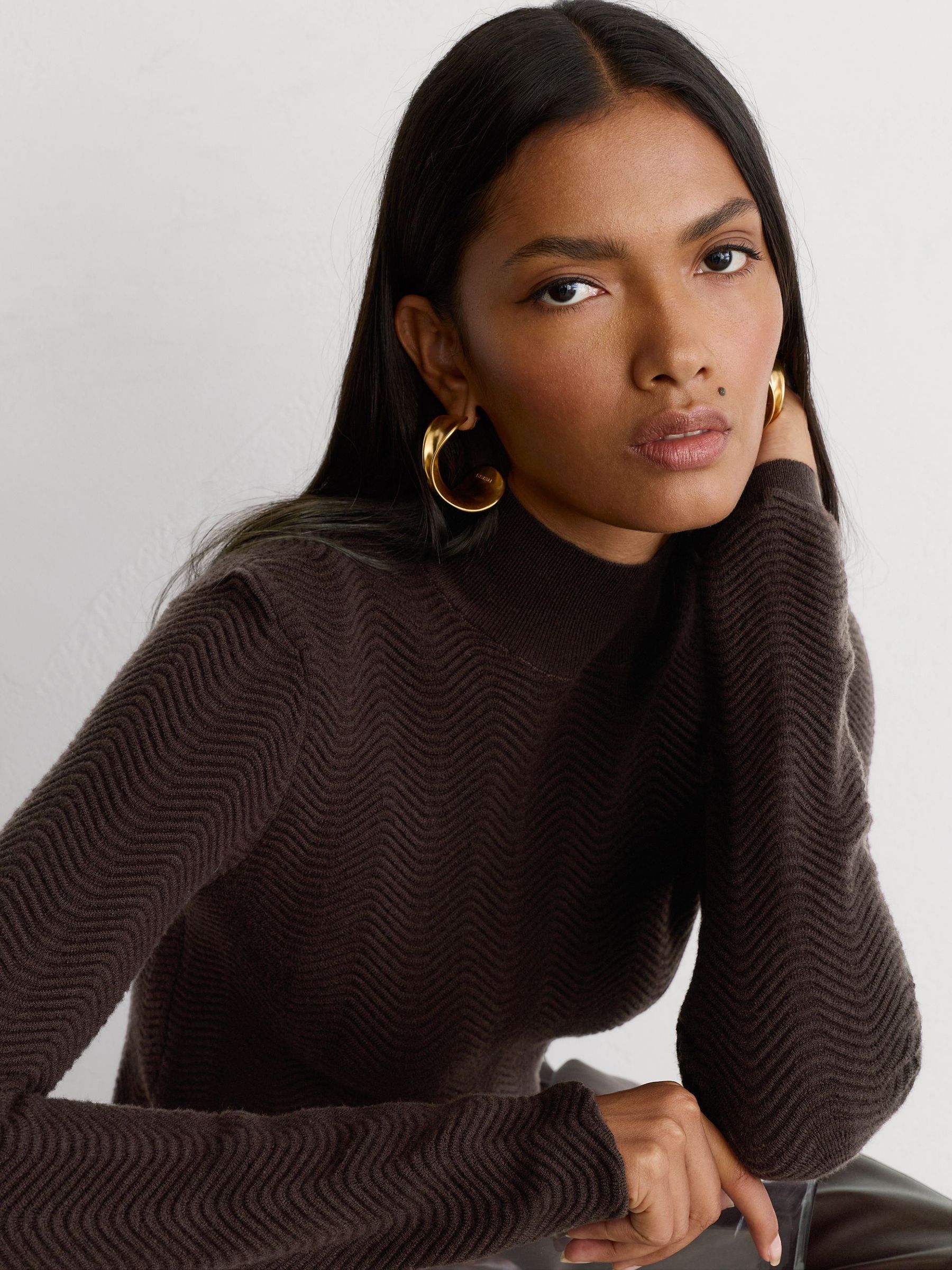 Wool-Blend Textured-Knit Top in Chocolate Brown - Image 1 of 7