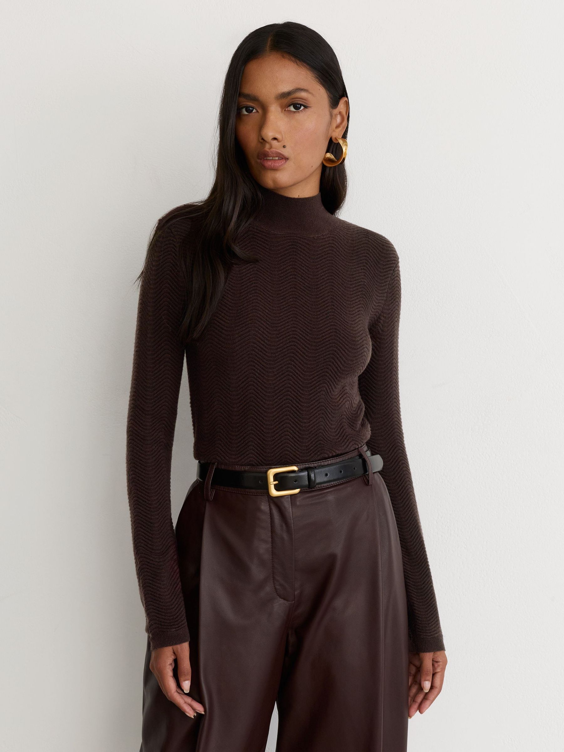 Wool-Blend Textured-Knit Top in Chocolate Brown - Image 3 of 7
