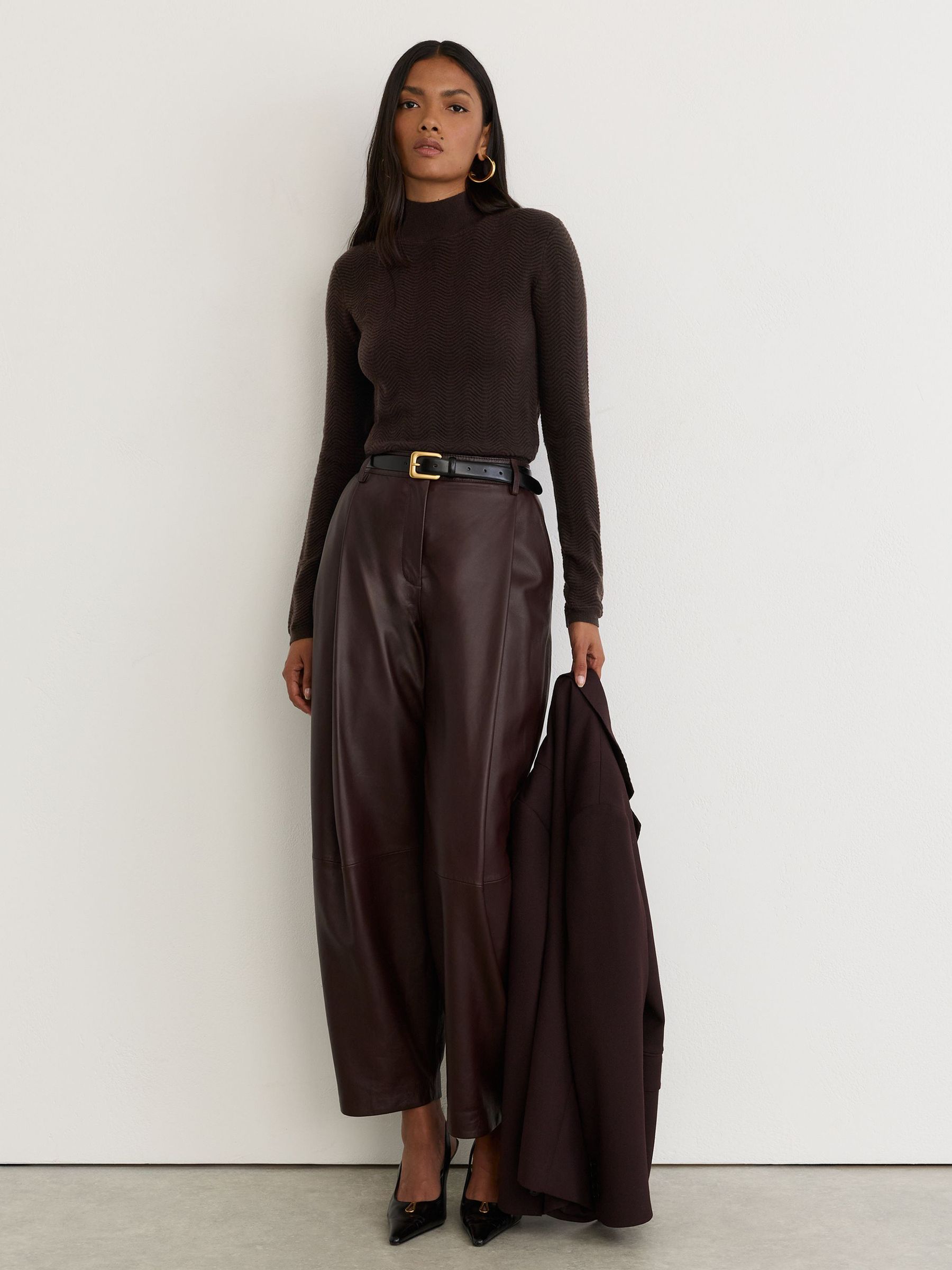 Wool-Blend Textured-Knit Top in Chocolate Brown - Image 4 of 7