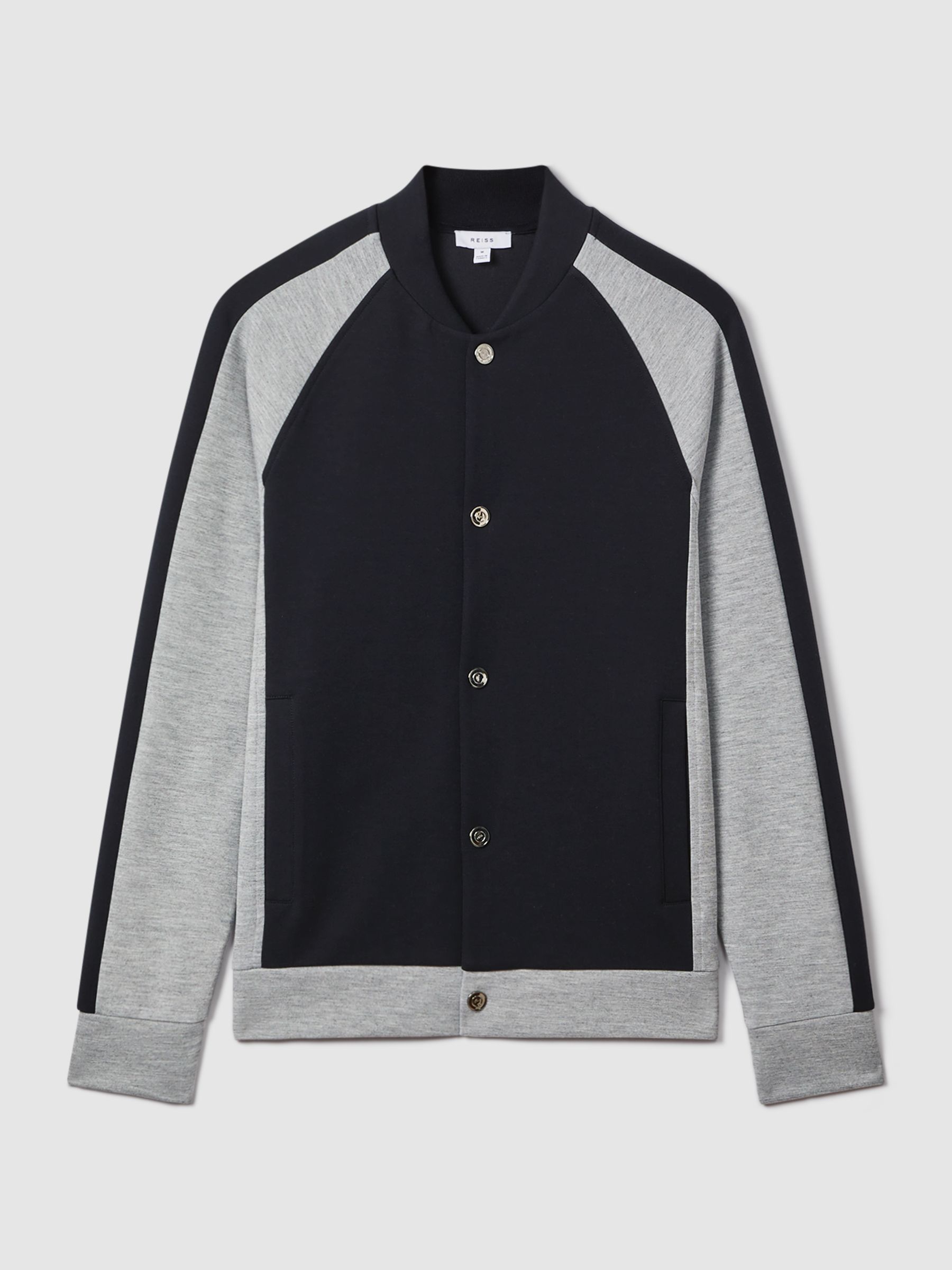 Colourblock Jersey Bomber Jacket in Navy/Grey - Image 2 of 6
