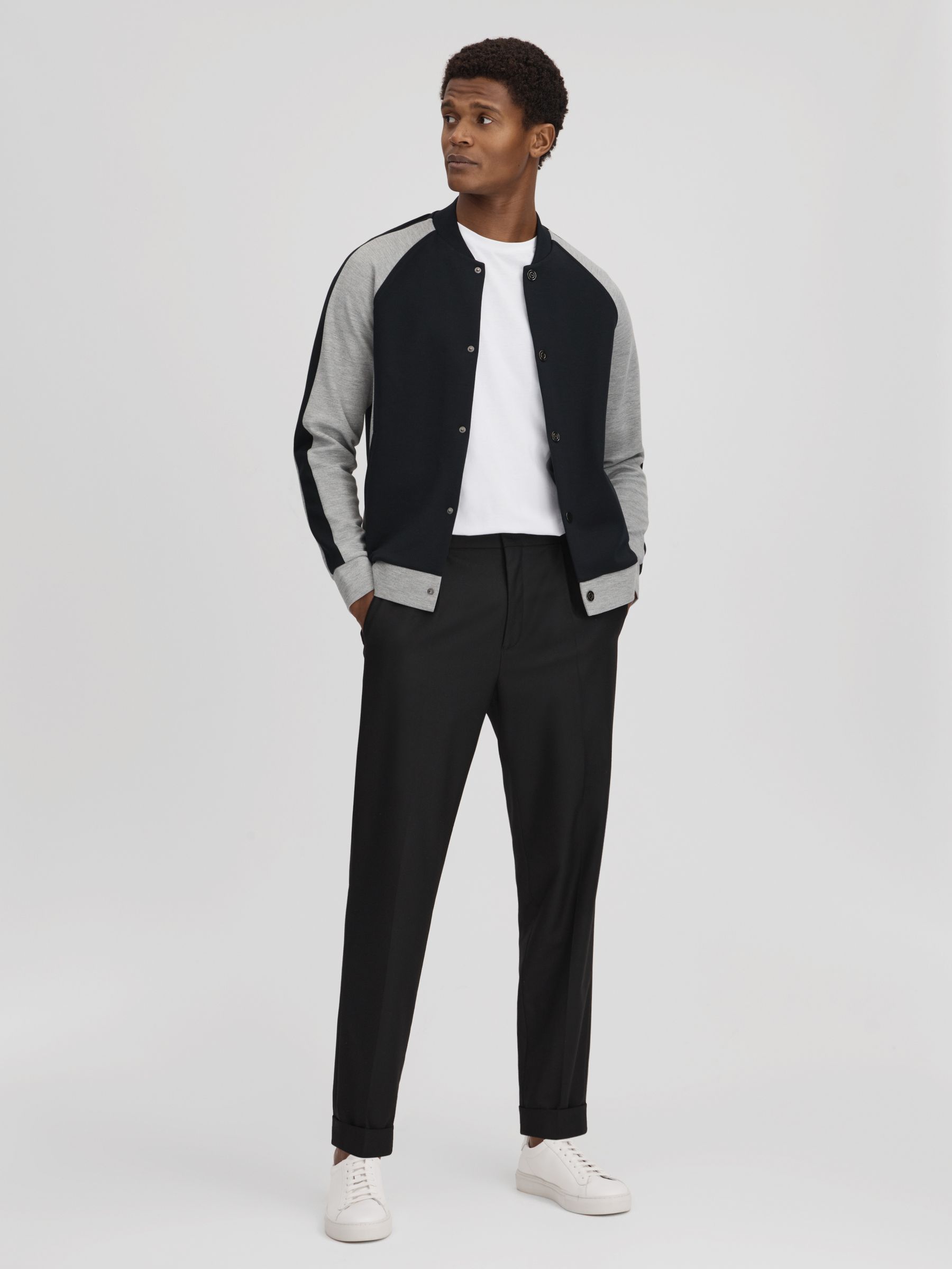 Colourblock Jersey Bomber Jacket in Navy/Grey - Image 3 of 6