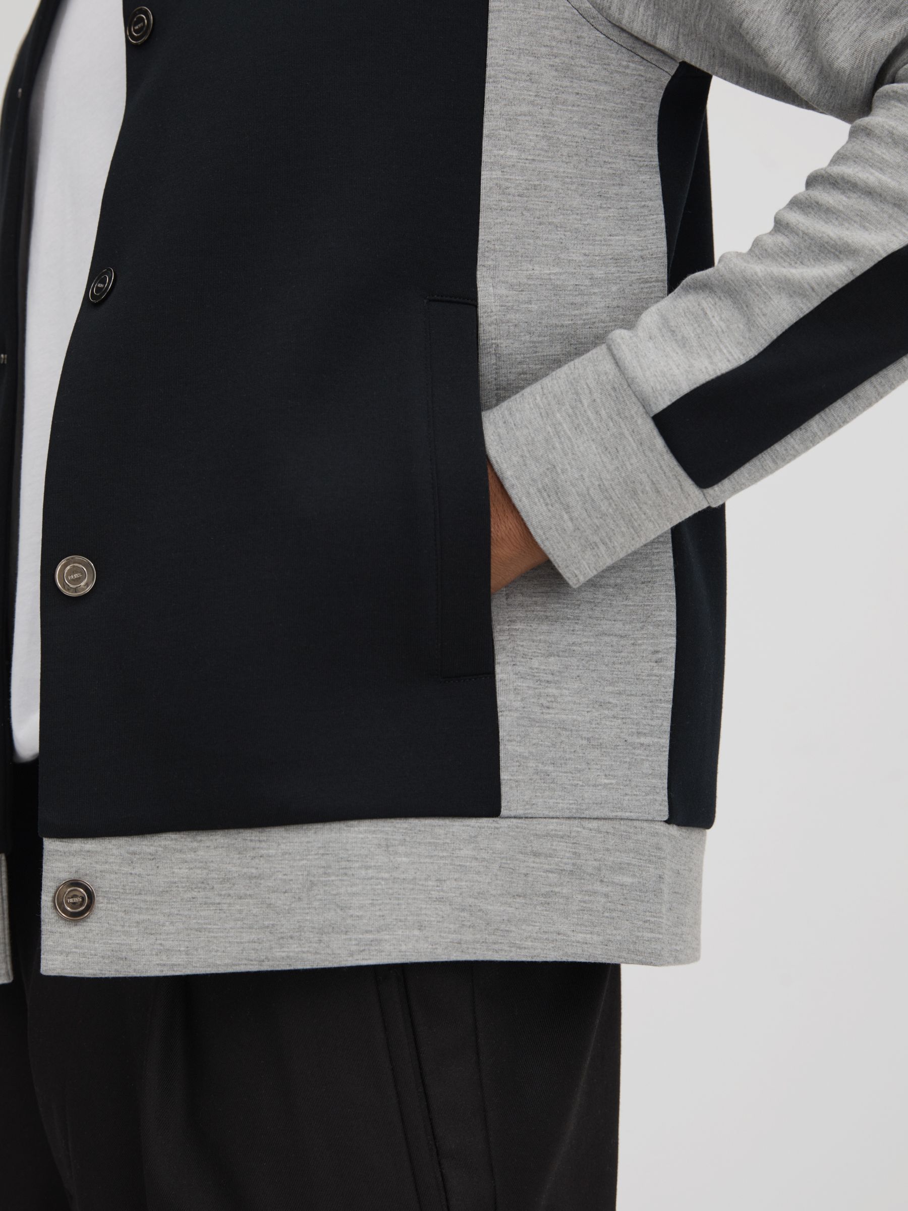 Colourblock Jersey Bomber Jacket in Navy/Grey - Image 4 of 6