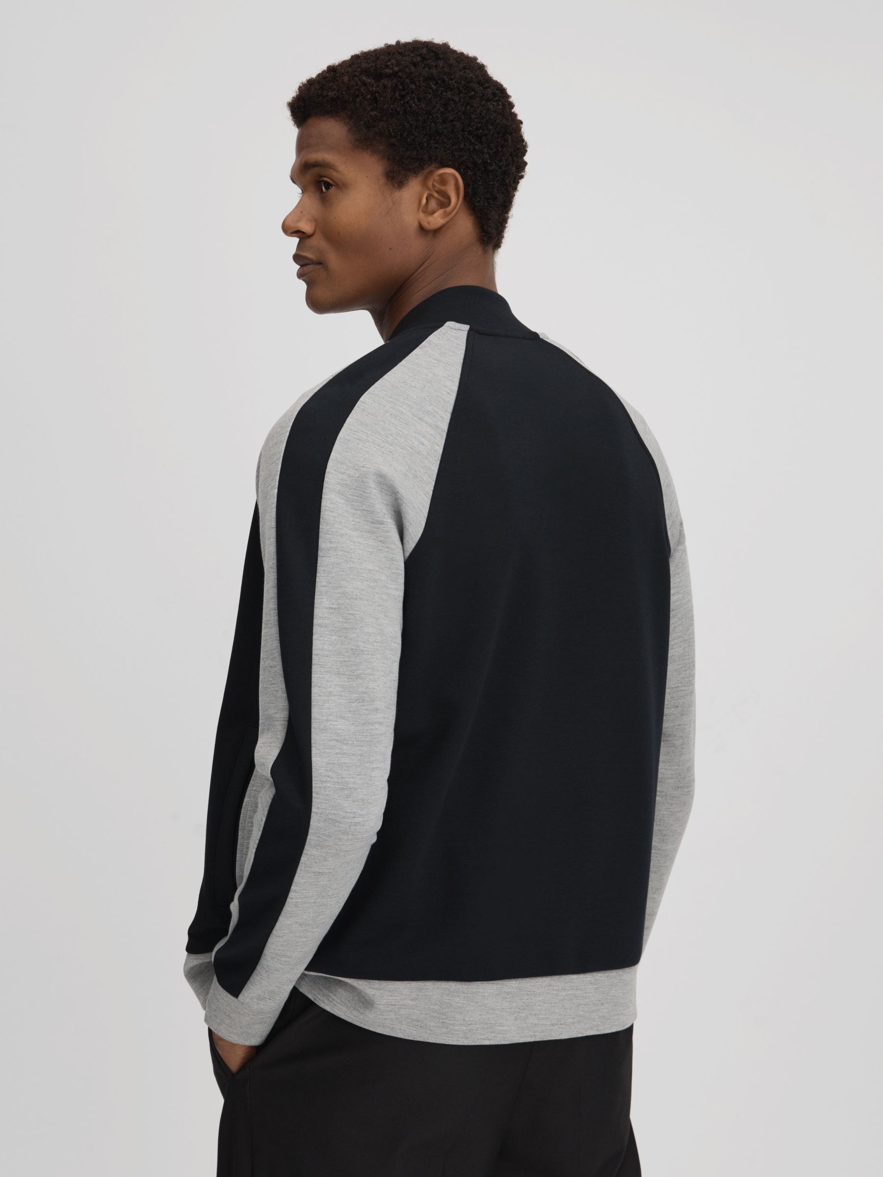 Colourblock Jersey Bomber Jacket in Navy/Grey - Image 5 of 6