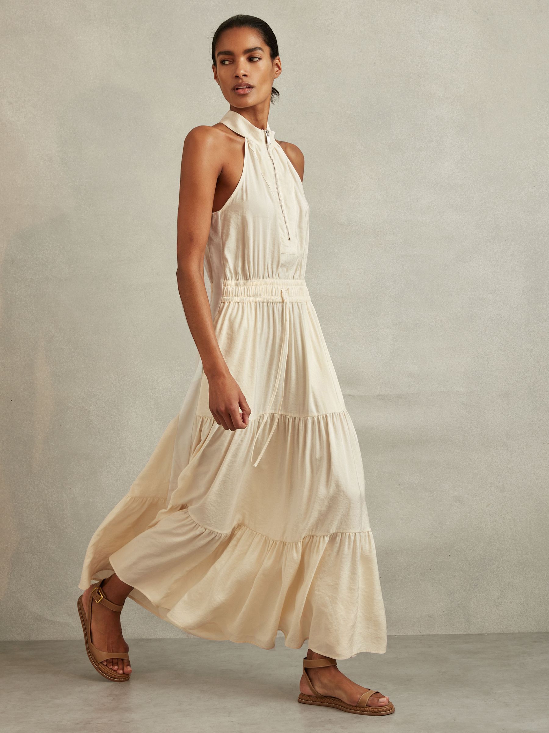 Drawstring Waist Tiered Midi Dress in Neutral - Image 1 of 6