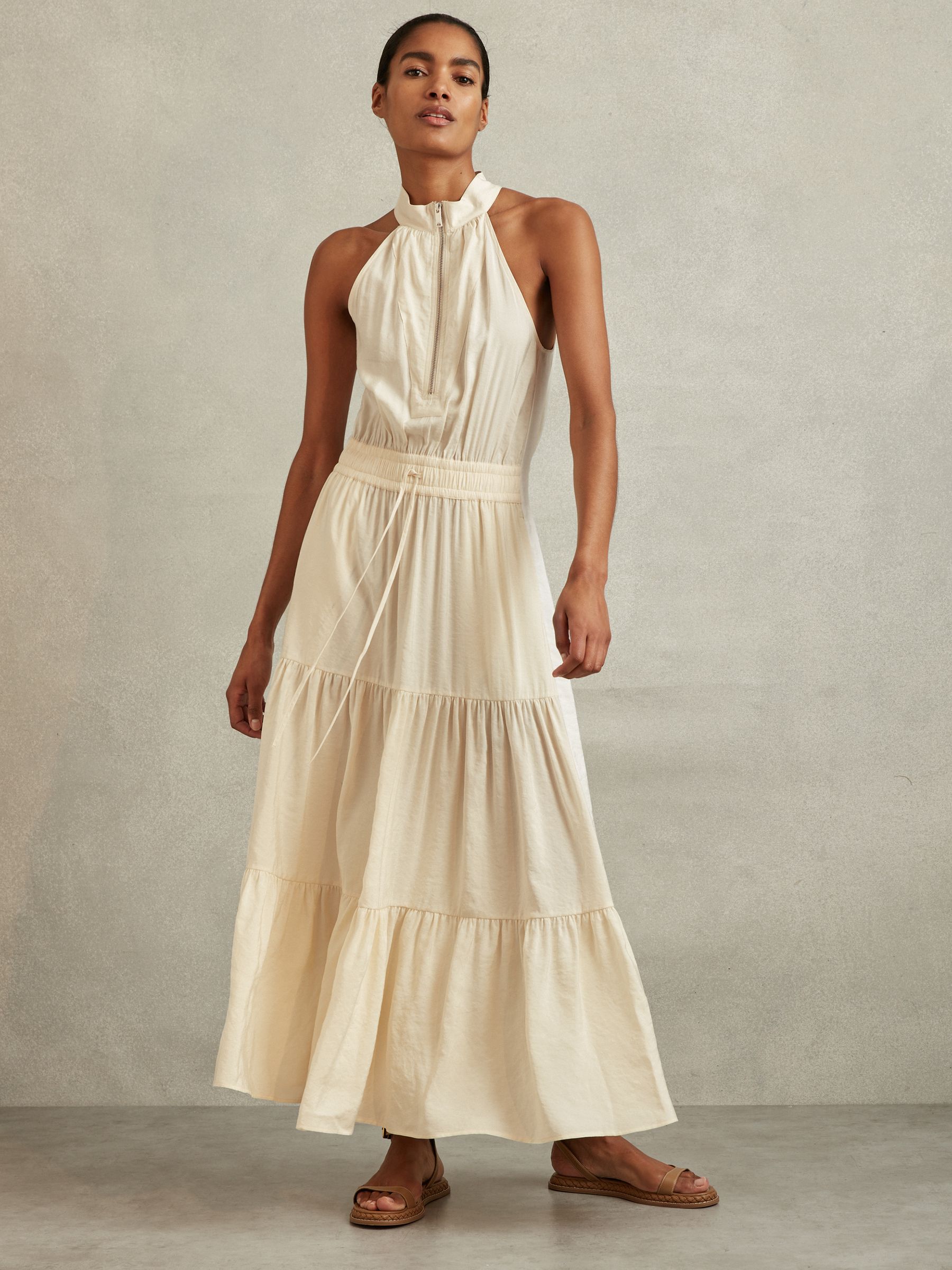 Drawstring Waist Tiered Midi Dress in Neutral - Image 4 of 6