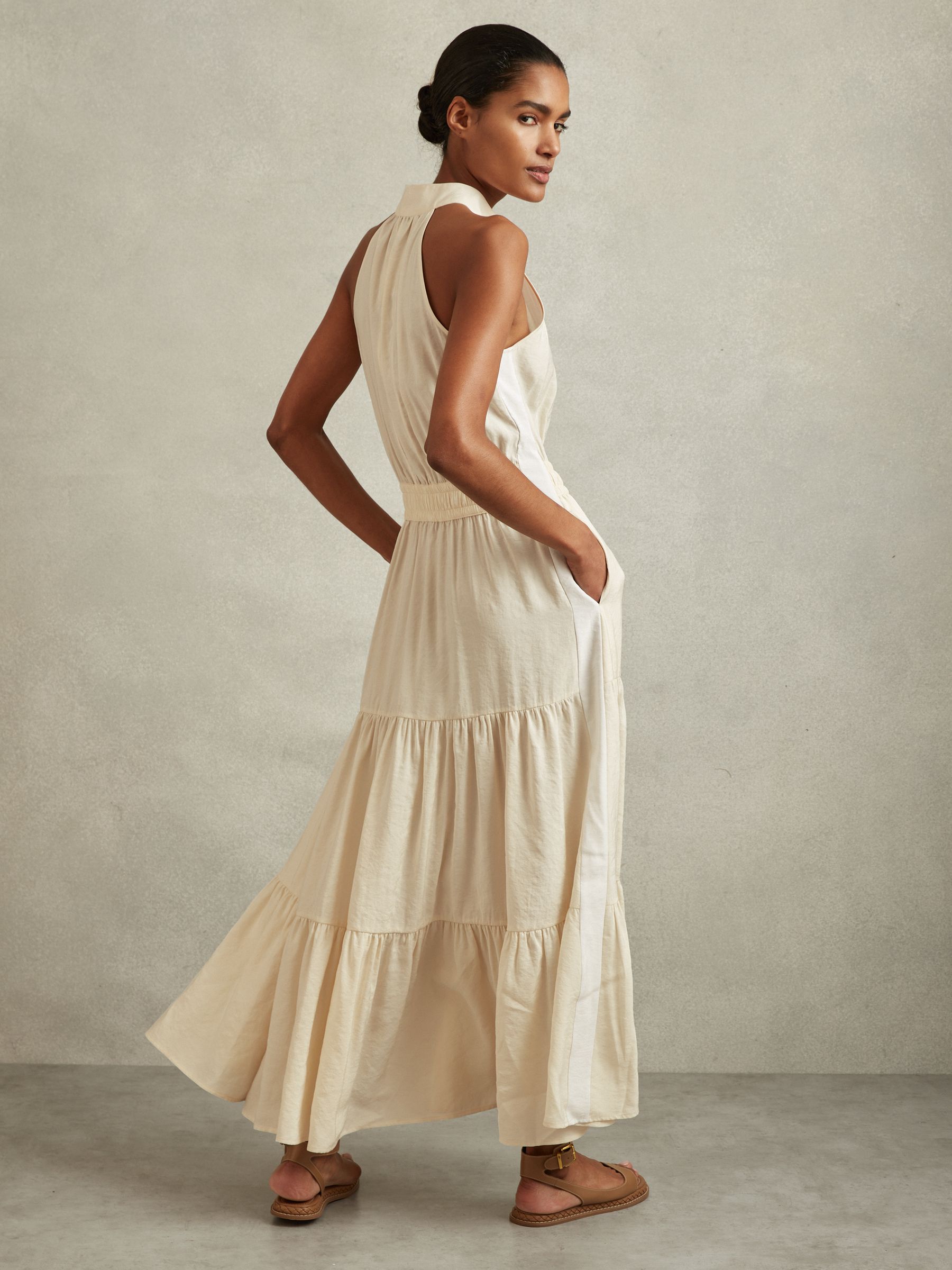 Drawstring Waist Tiered Midi Dress in Neutral - Image 5 of 6