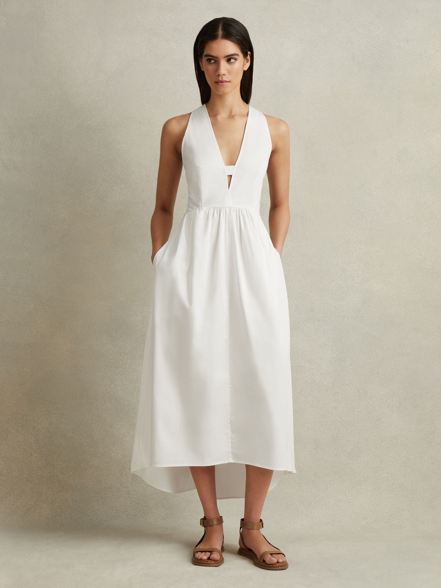 Cotton Blend High-Low Midi Dress in White - Image 3 of 6