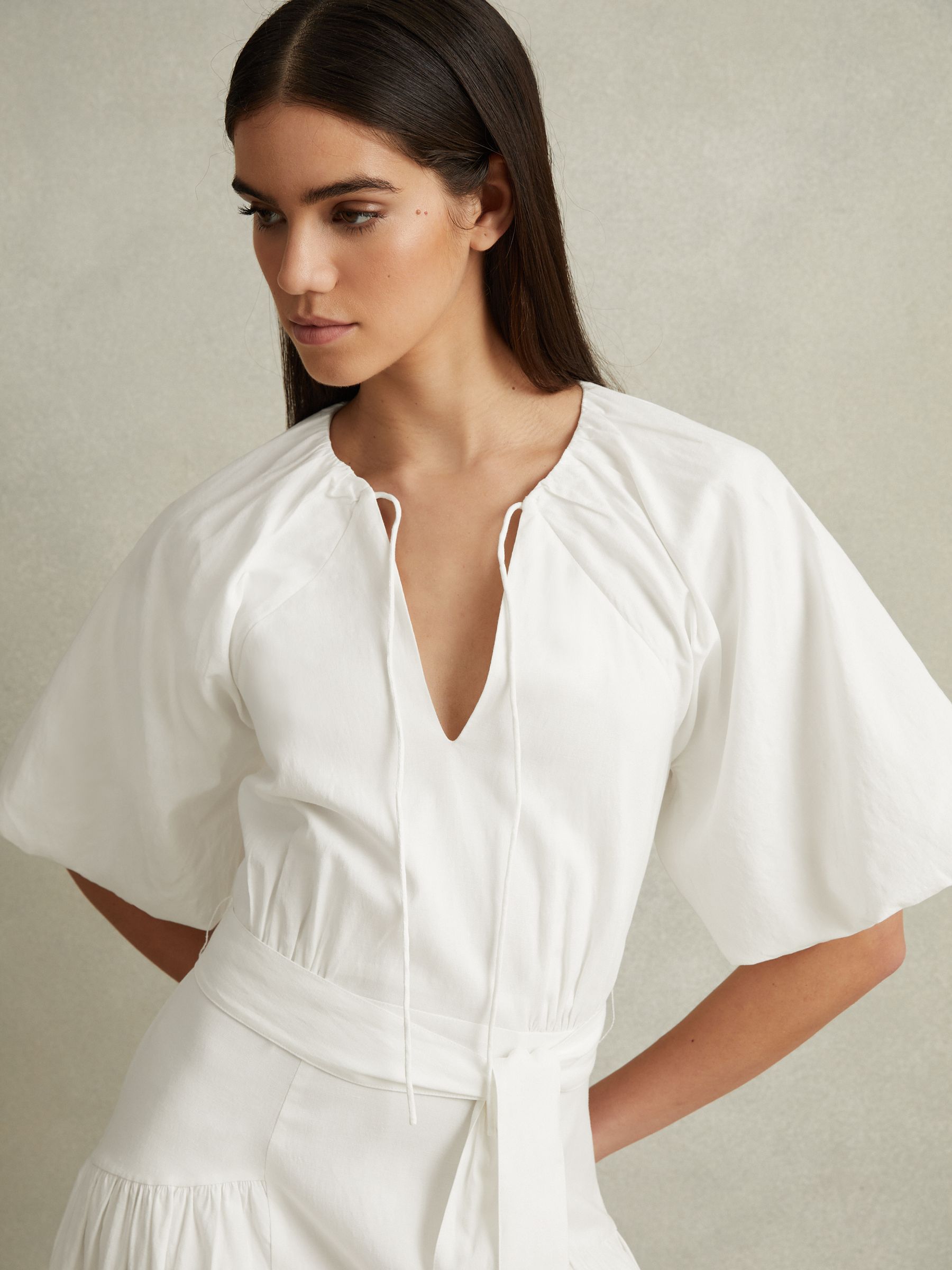 Petite Lyocell Blend Puff Sleeve Midi Dress in White - Image 3 of 6