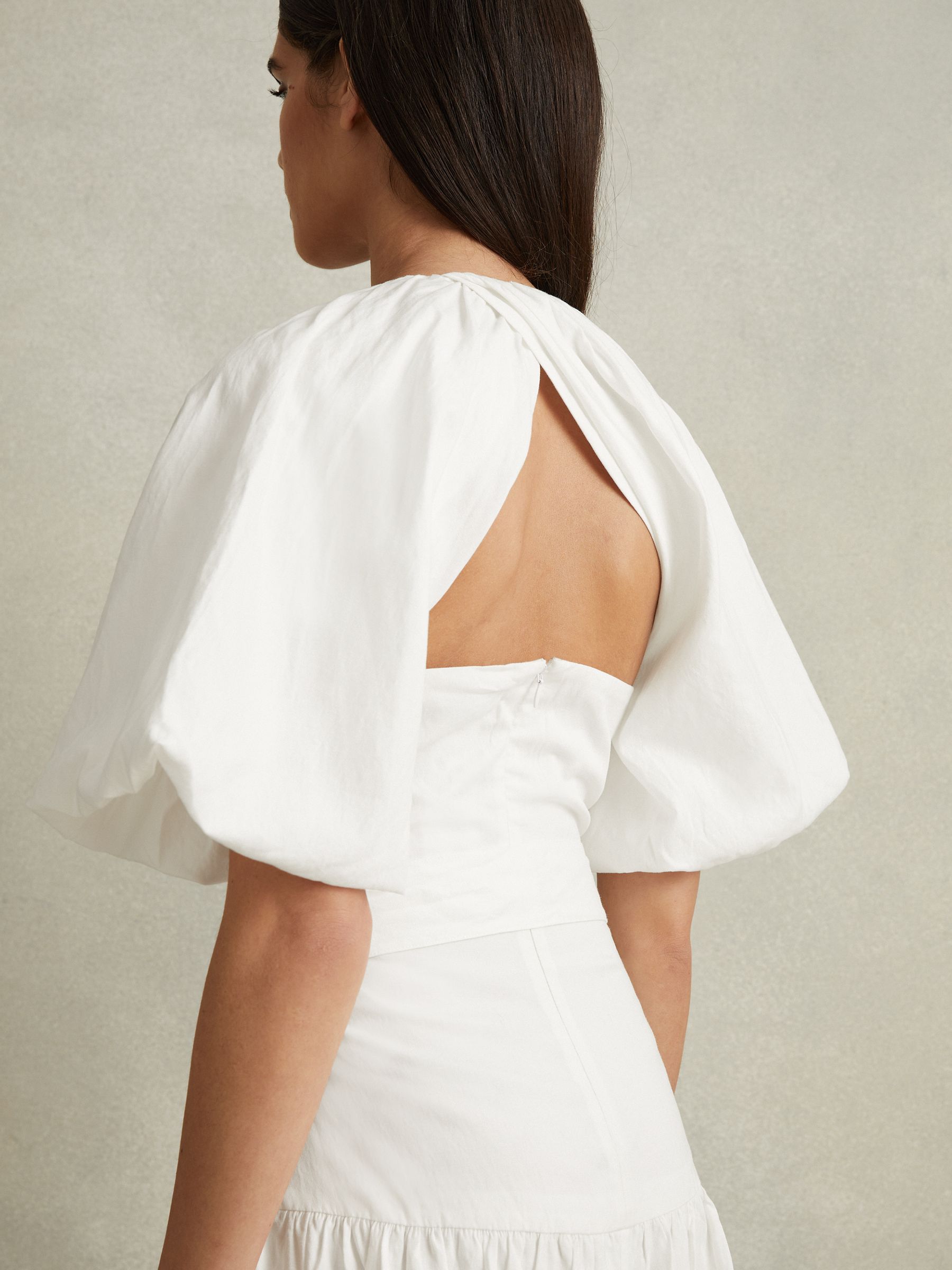 Petite Lyocell Blend Puff Sleeve Midi Dress in White - Image 4 of 6