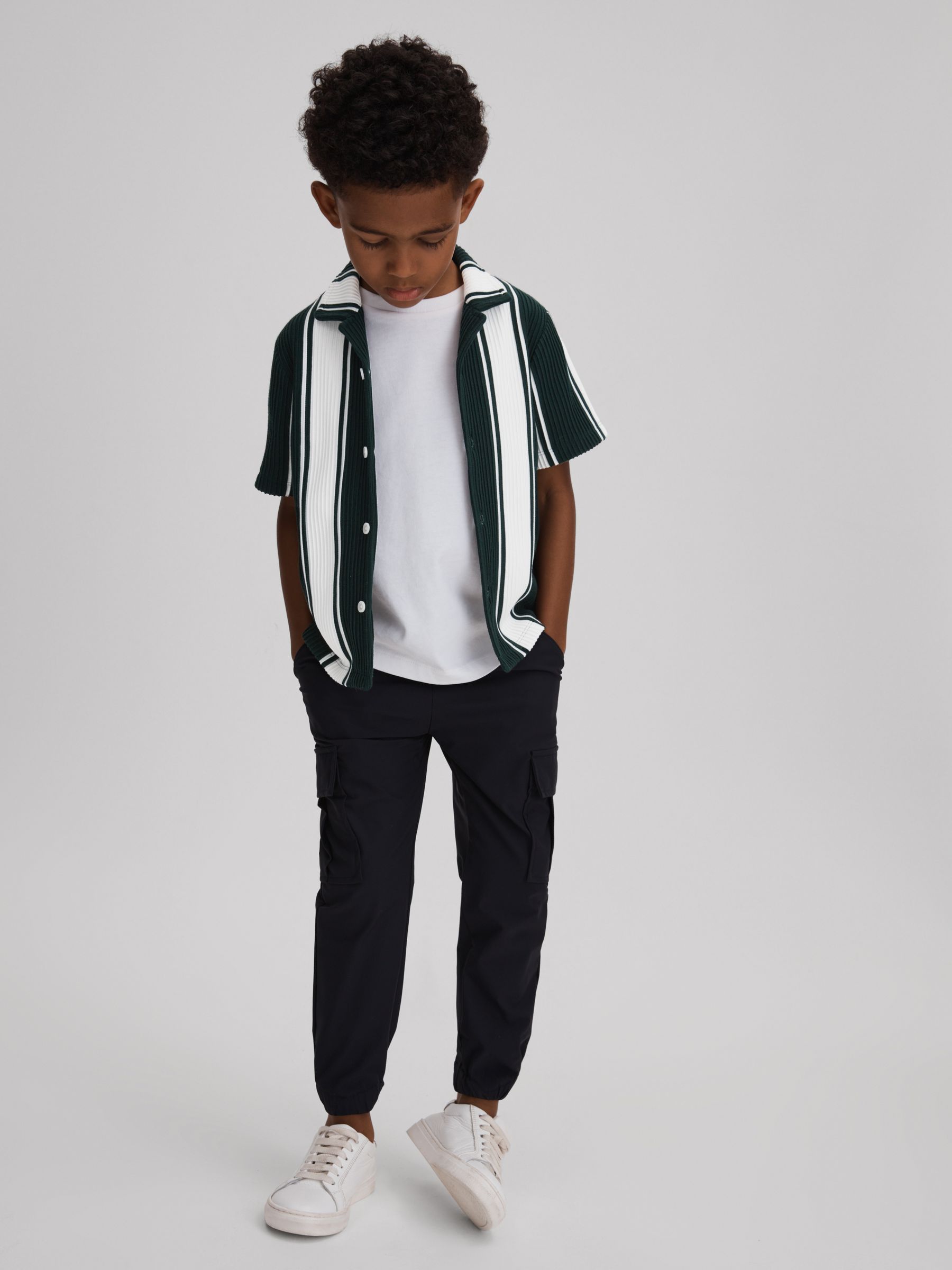 9-13 yrs Ribbed Cuban Collar Shirt in Green/White - Image 3 of 4