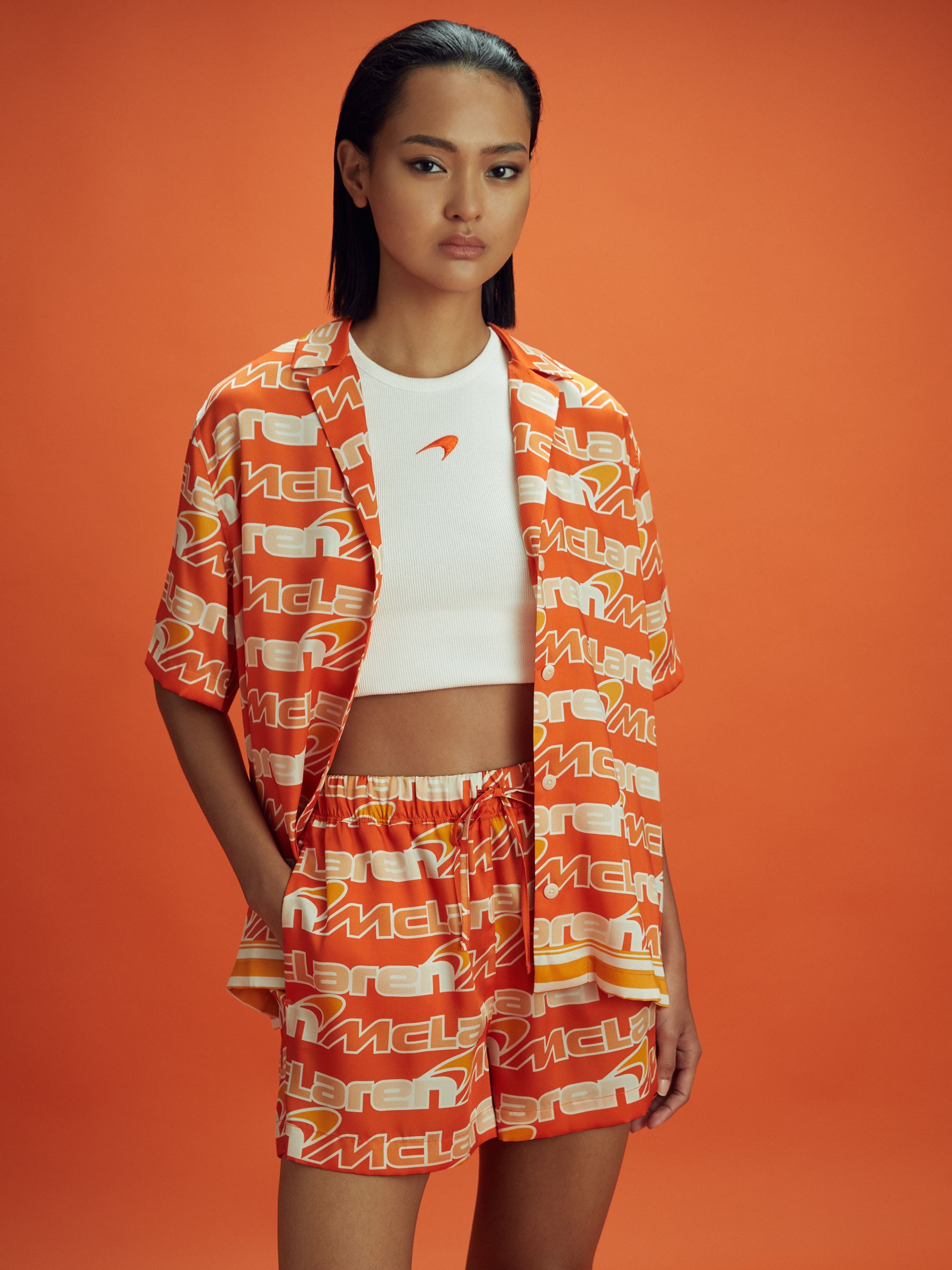 McLaren F1 Printed Cuban Collar Shirt in Papaya Multi - Image 1 of 6
