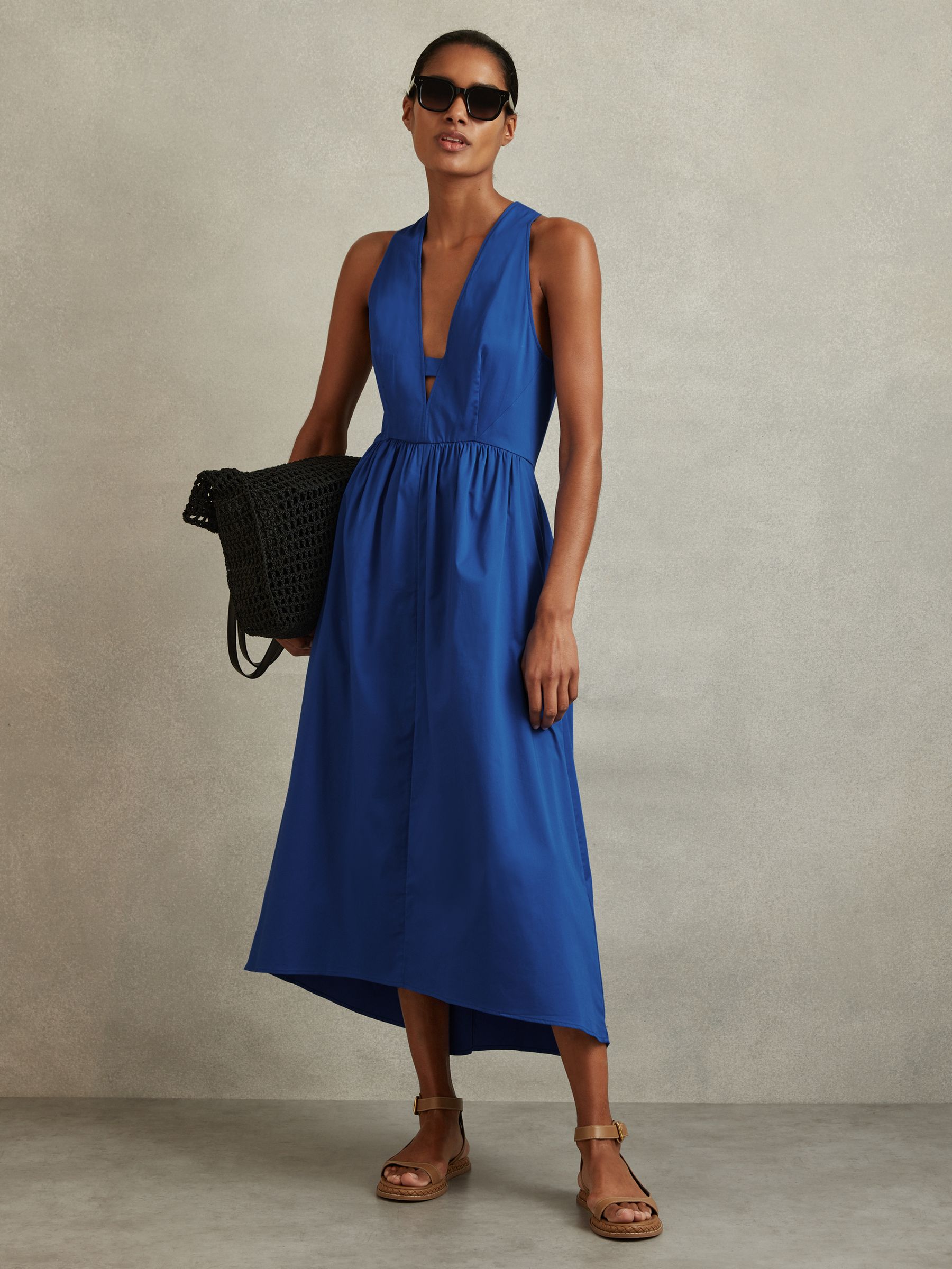 Cotton Blend High-Low Midi Dress in Cobalt Blue - Image 3 of 6