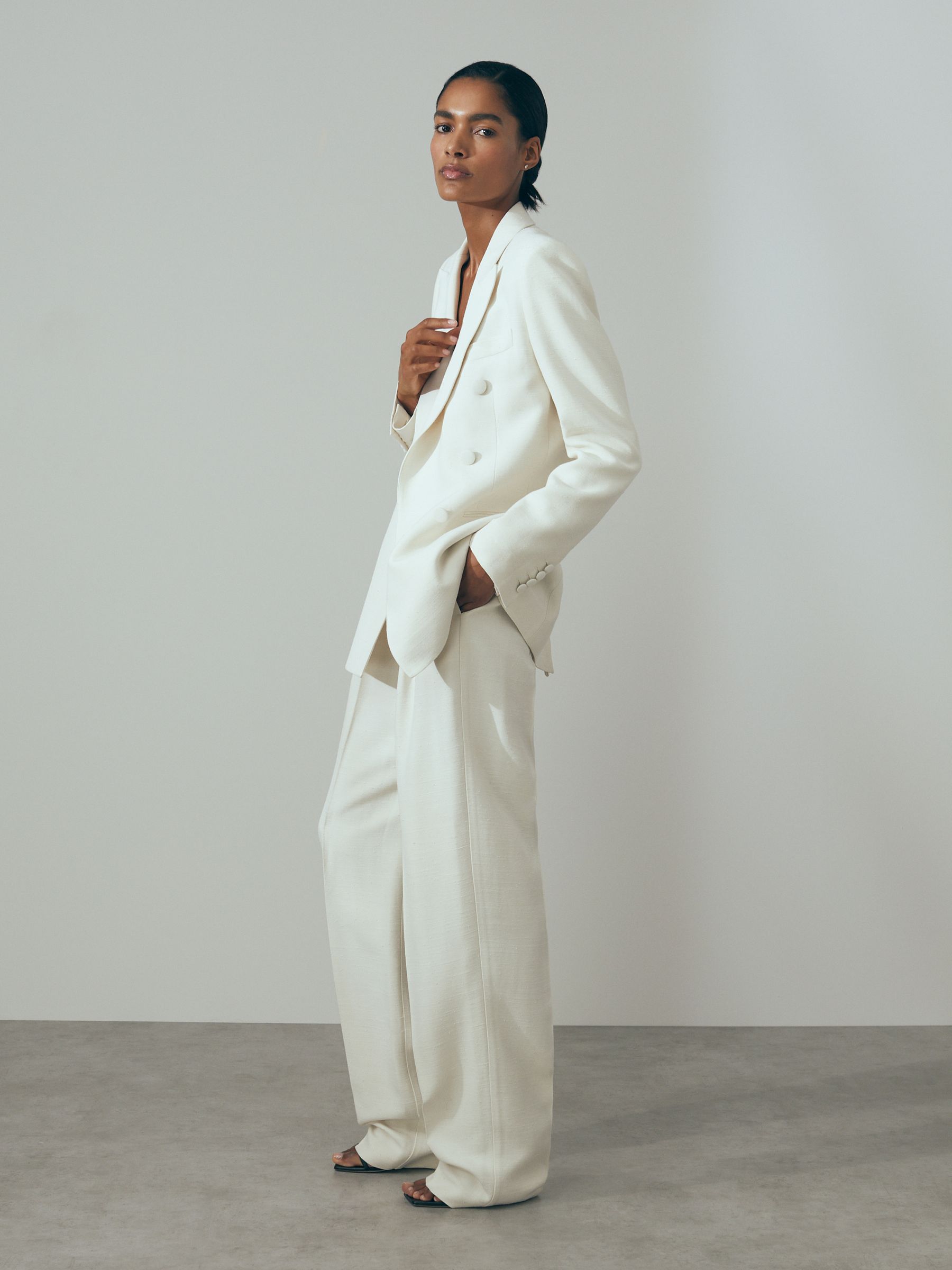 Atelier Italian Double Breasted Textured Suit Blazer with Silk in White - Image 1 of 6