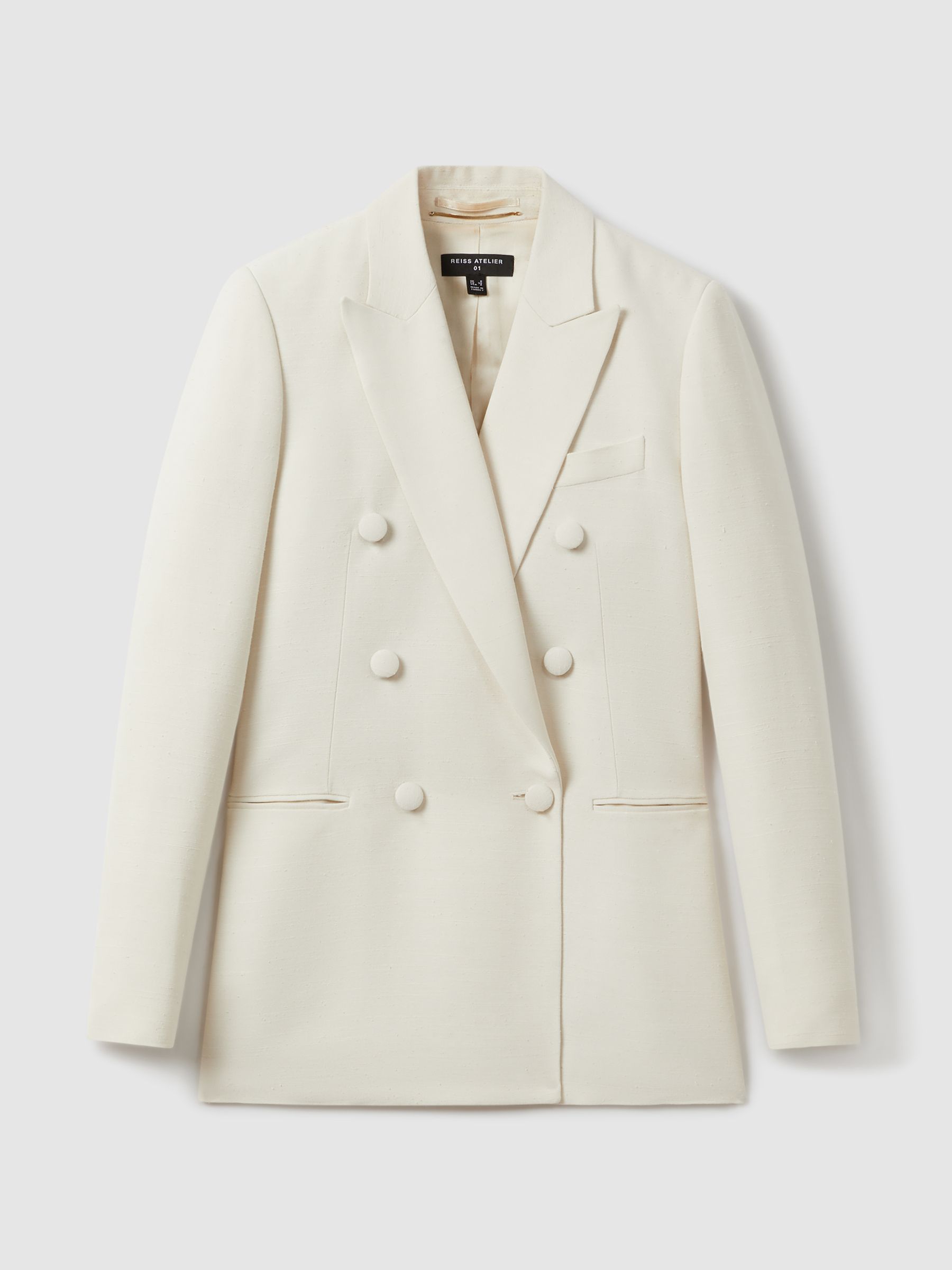 Atelier Italian Double Breasted Textured Suit Blazer with Silk in White - Image 2 of 6