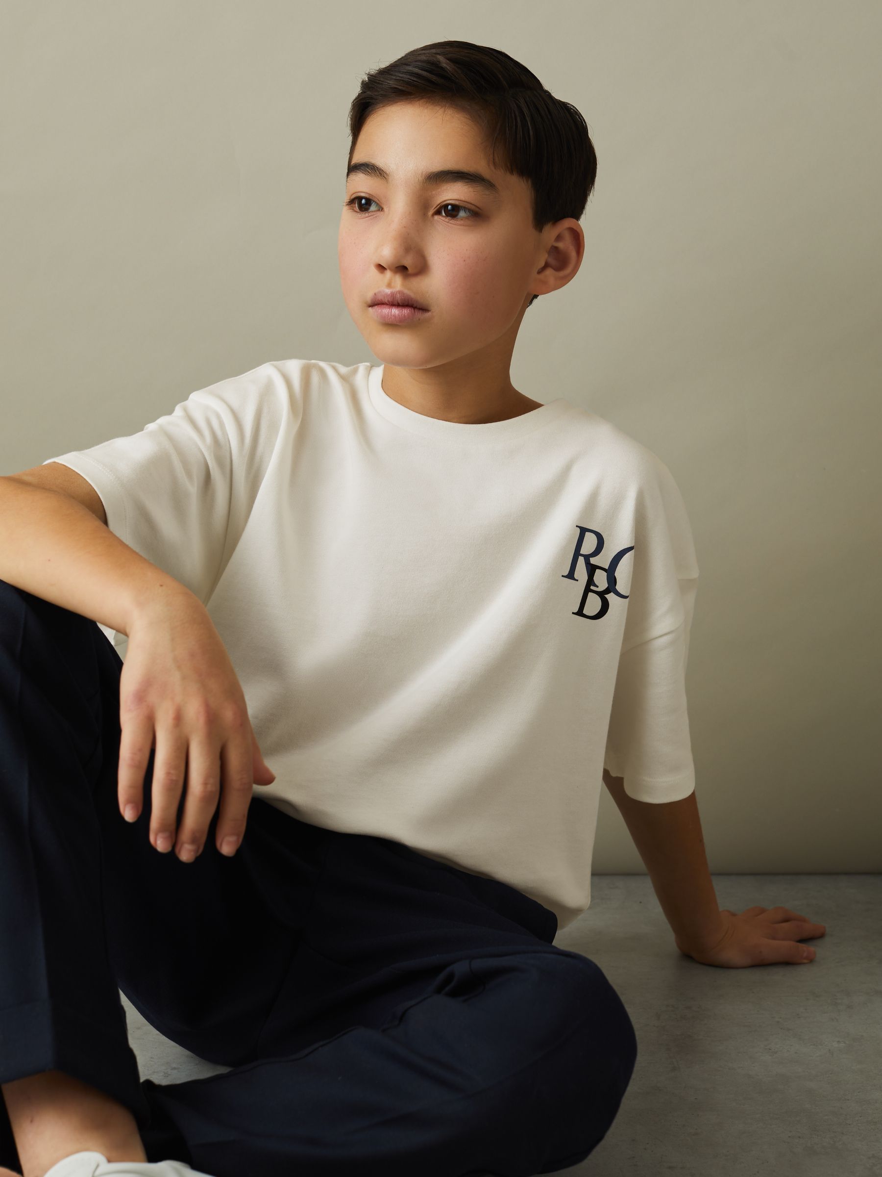 Senior Oversized Cotton Motif Shirt in Ecru/Blue - Image 1 of 4 Senior Oversized Cotton Motif Shirt in Ecru/Blue - Image 1 of 4