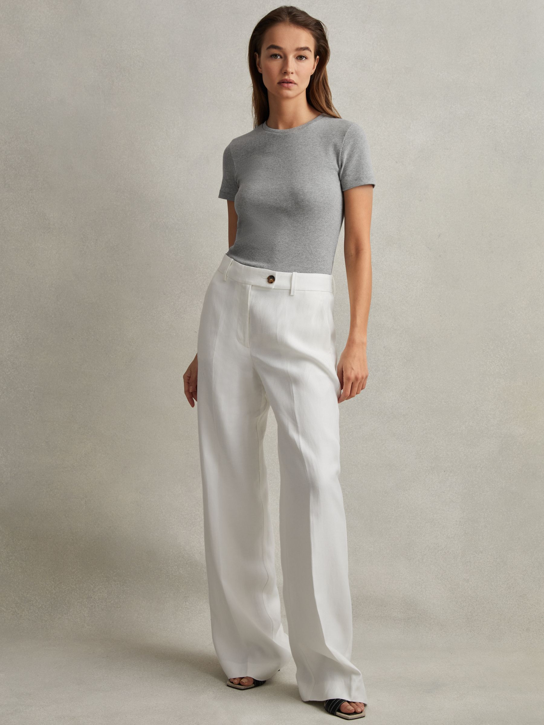 Cotton Blend Scoop Neck T-Shirt in Grey Marl - Image 1 of 5