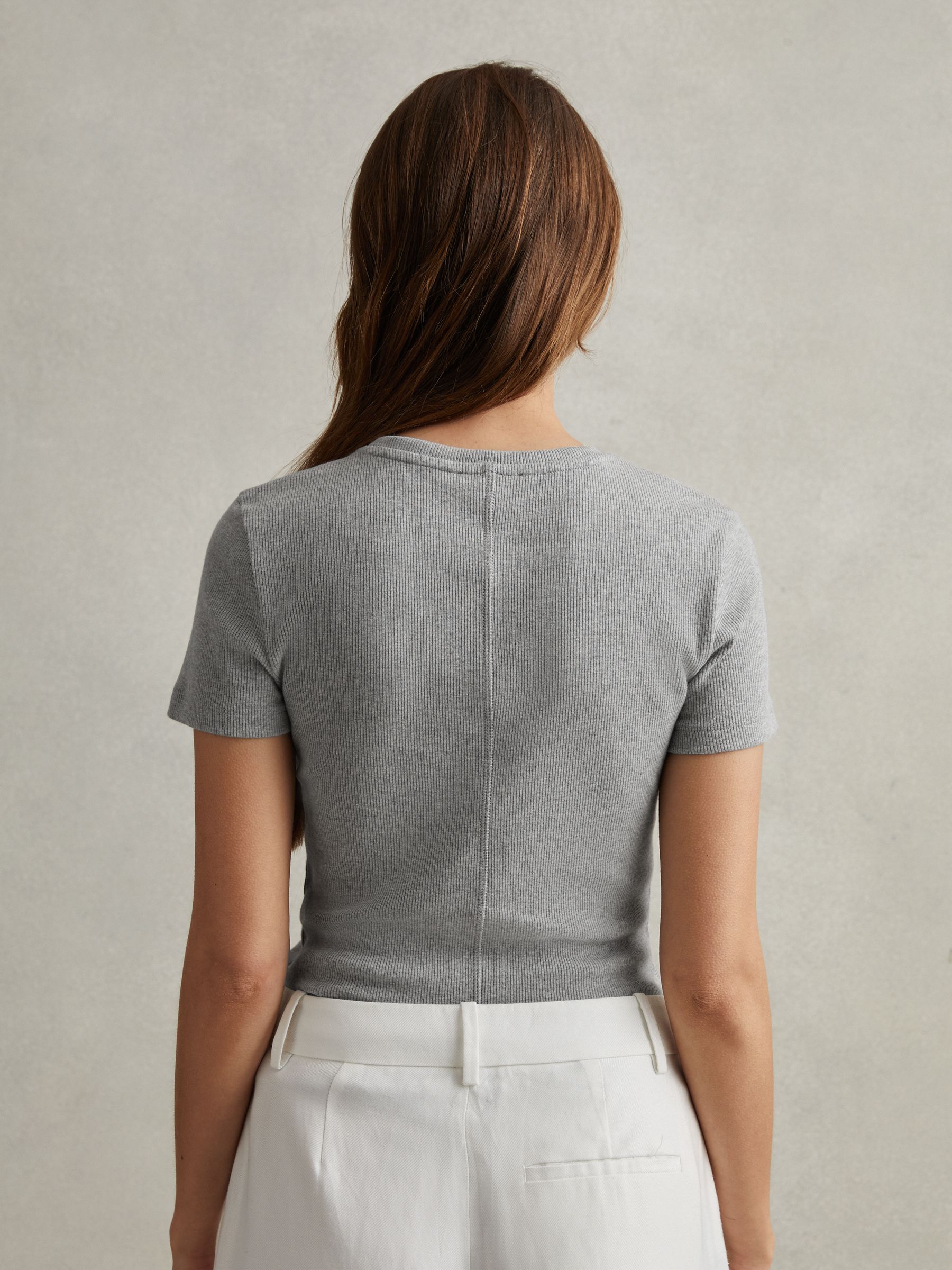 Cotton Blend Scoop Neck T-Shirt in Grey Marl - Image 3 of 5