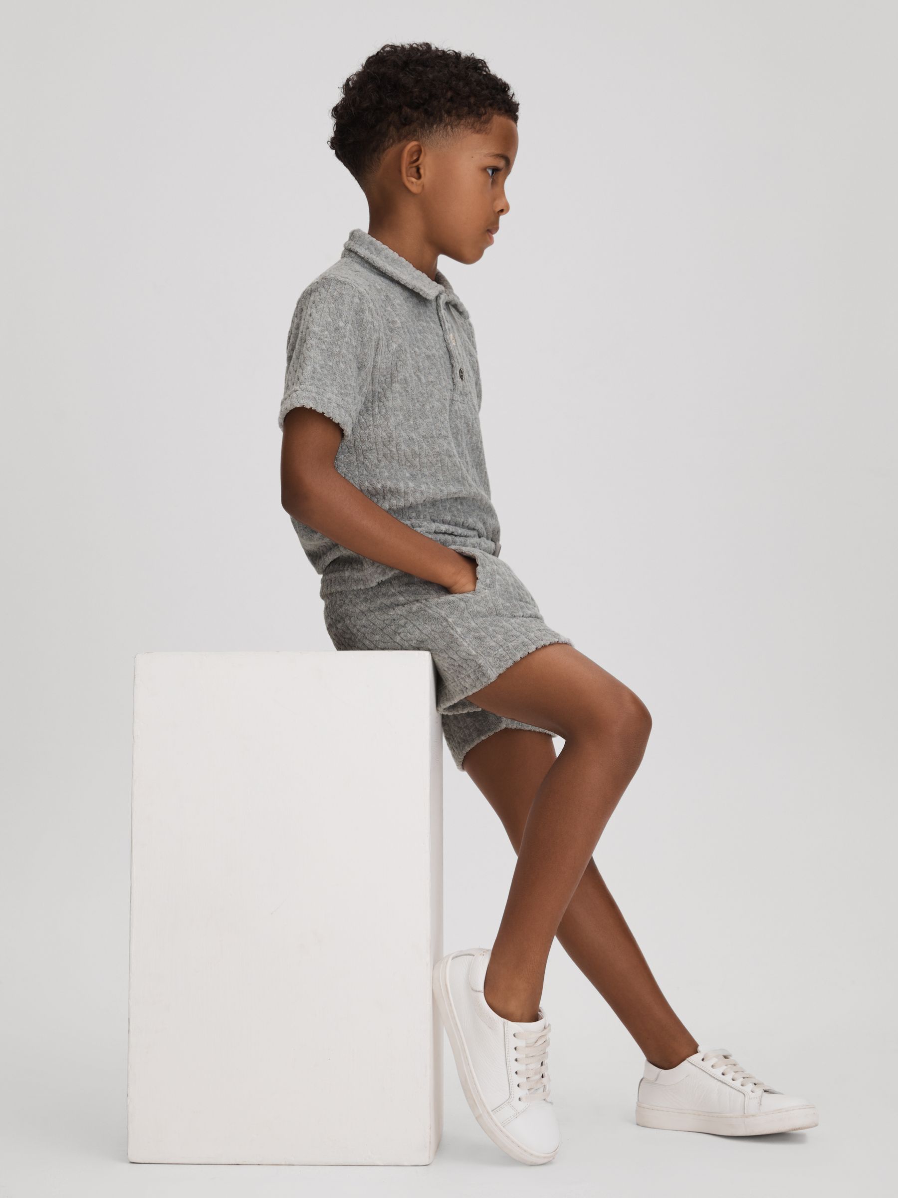 Junior Towelling Polo Shirt in Soft Grey - Image 3 of 4
