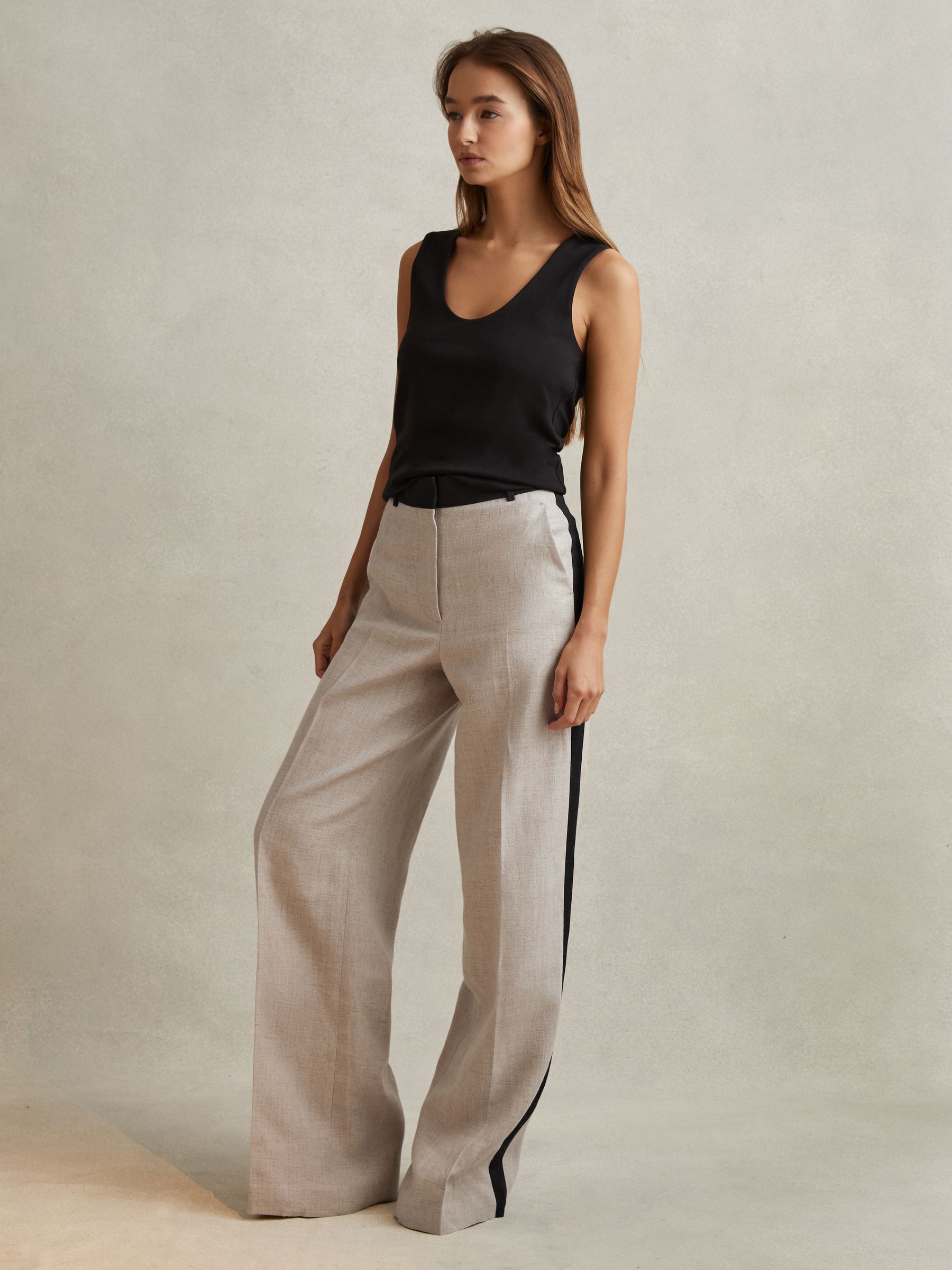 Petite Colourblock Linen Wide Leg Trousers in Neutral - Image 1 of 7