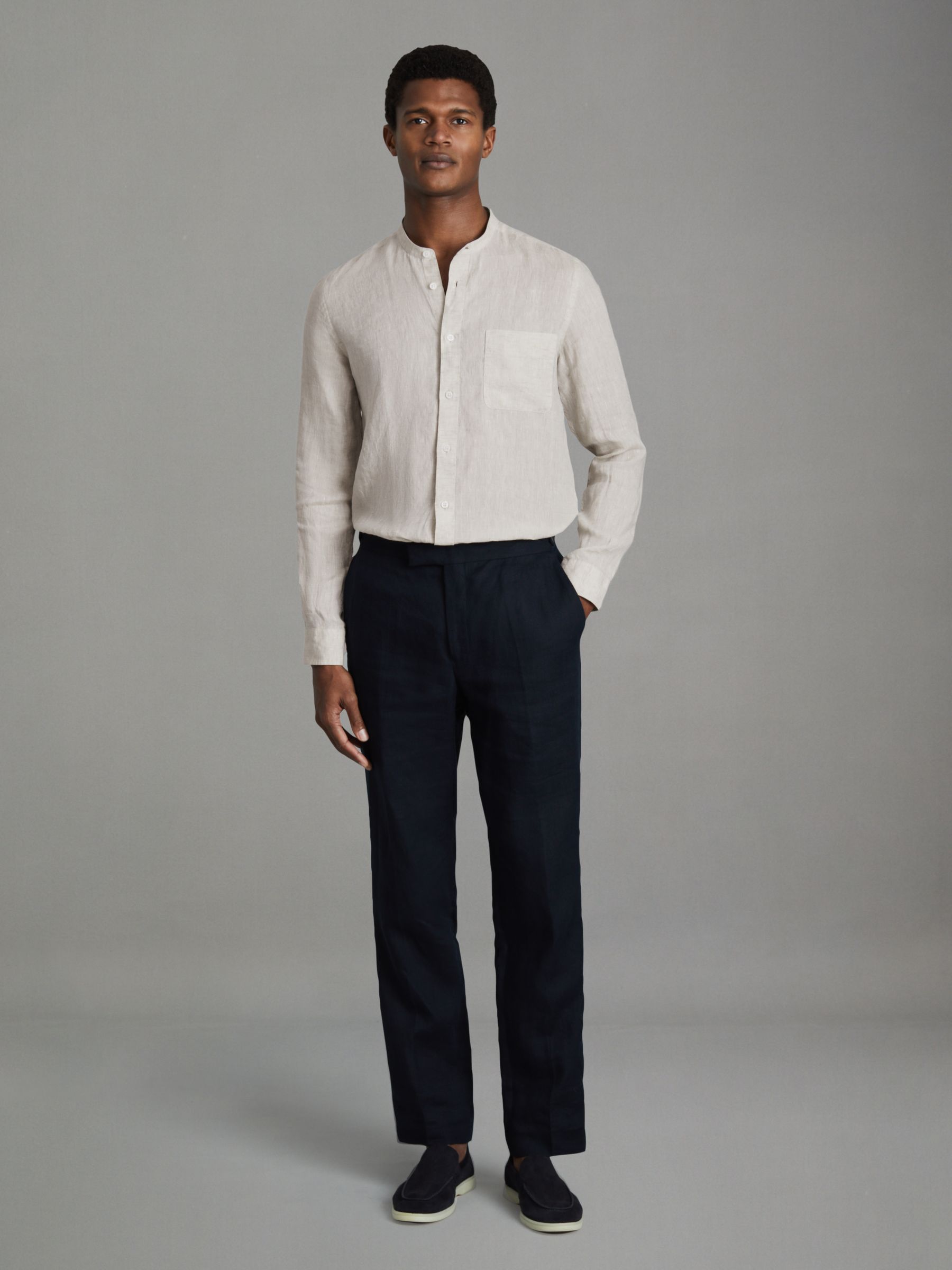 Linen Grandad Collar Shirt in Stone - Image 3 of 6