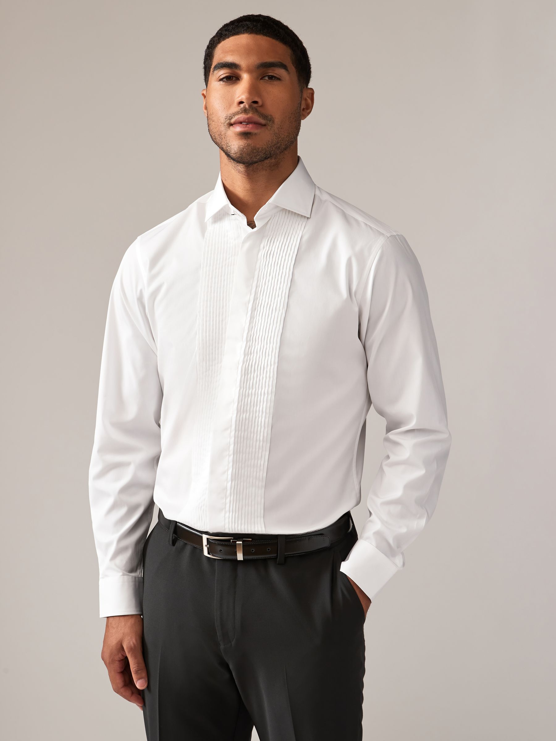 White Pleated Bib Front Dress Shirt - Image 1 of 7