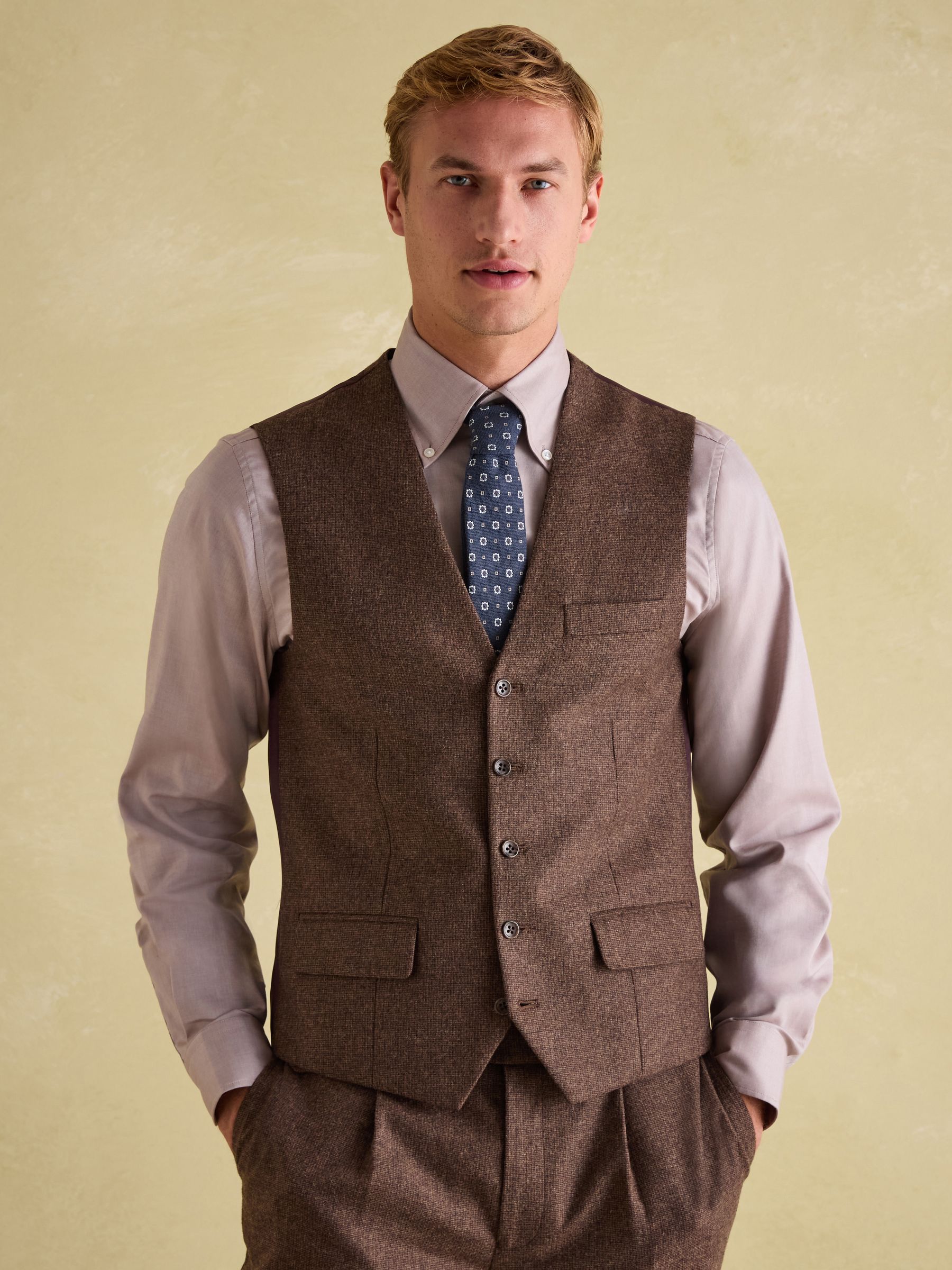 Brown Slim Fit Texture Suit Waistcoat - Image 1 of 5