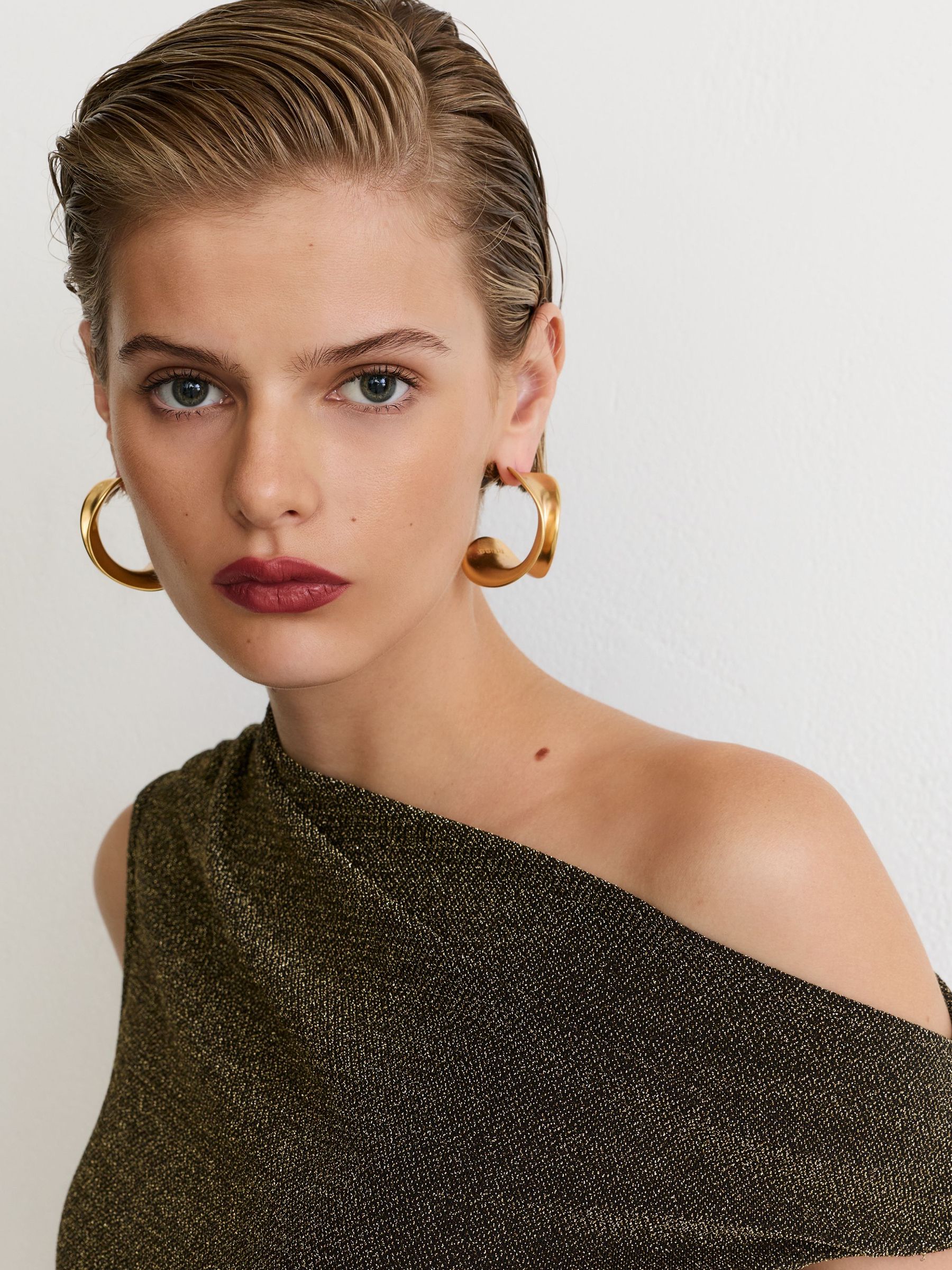 Metallic-Thread Off-Shoulder Top in Gold - Image 1 of 6 Metallic-Thread Off-Shoulder Top in Gold - Image 1 of 6