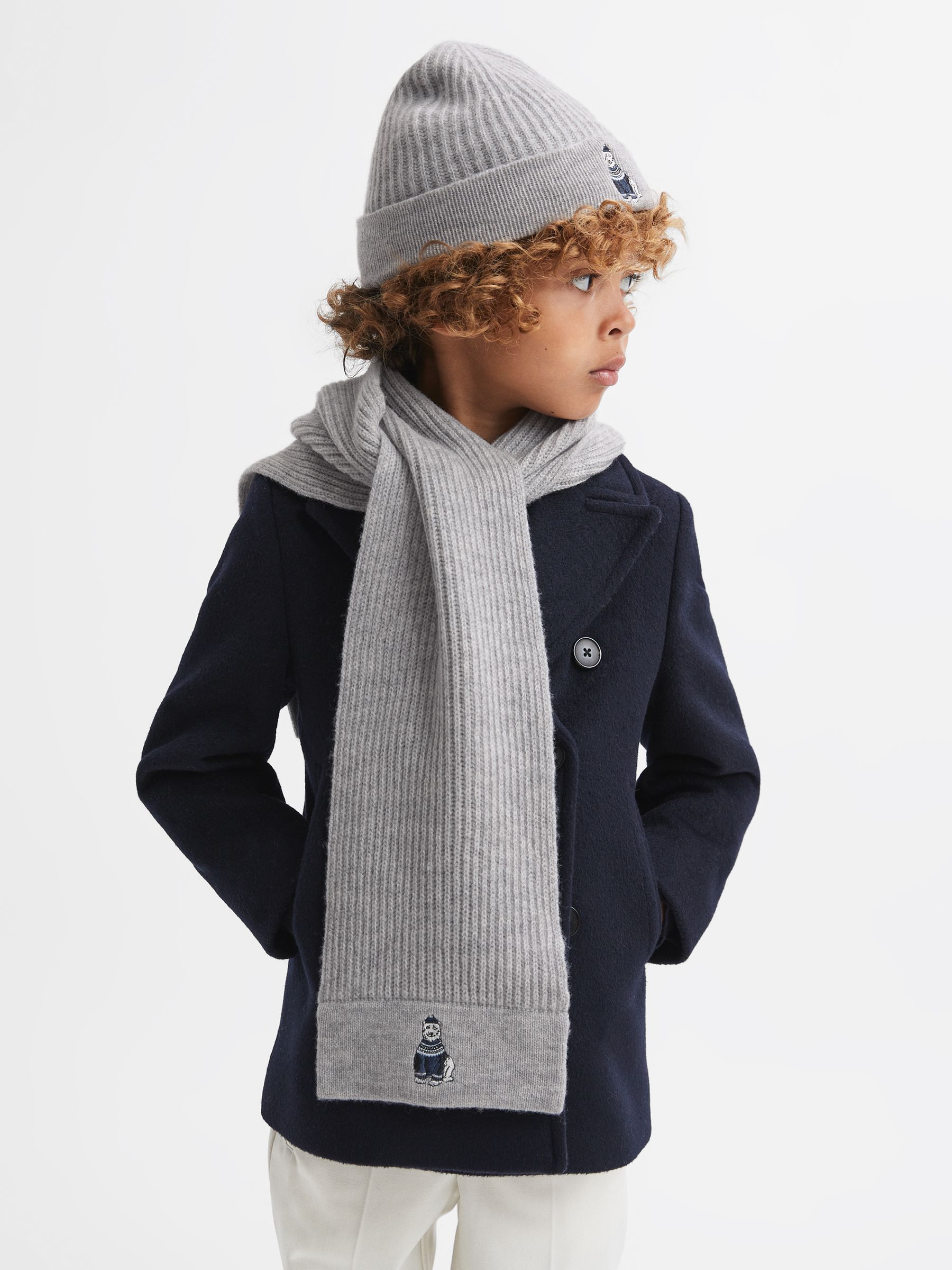Senior Wool Motif Beanie Hat and Scarf Set in Soft Grey Melange - Image 2 of 6